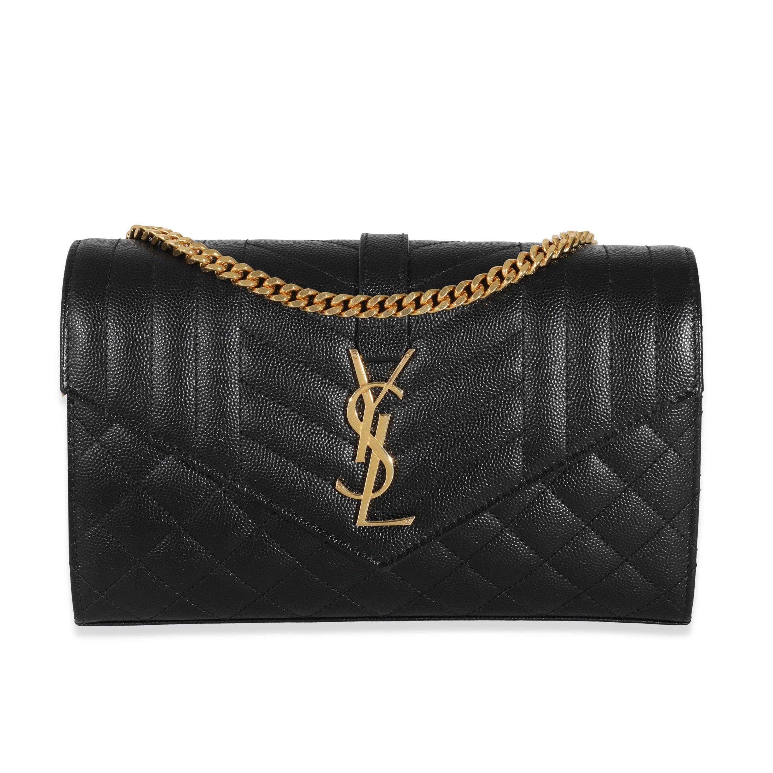 Saint Laurent Black Grain de Poudre Mix Matelassé Envelope Chain Wallet