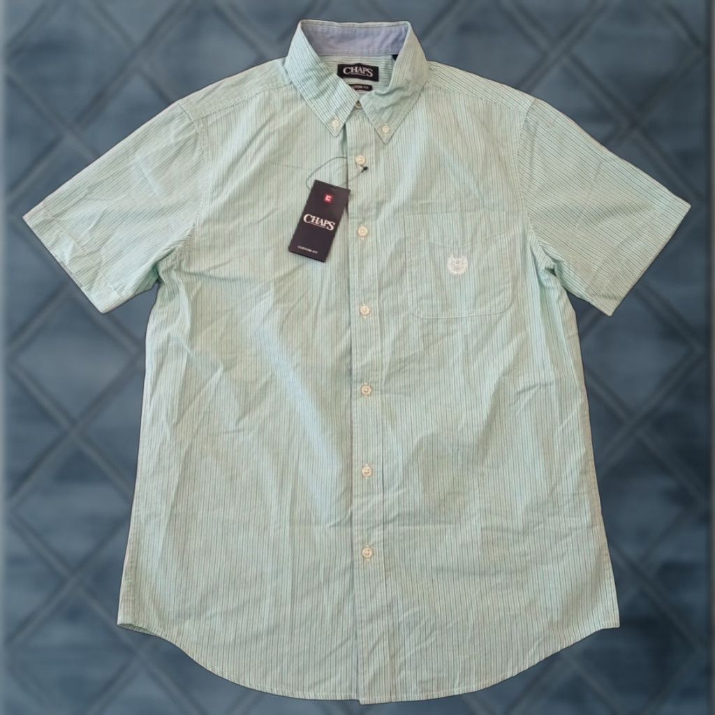 Chaps Chaps Shirt Mens M Blue Striped Button-Down Short Sleeve Casual Cotton Blend New Regular Fit Size US M / EU 48-50 / 2 - 1 Thumbnail