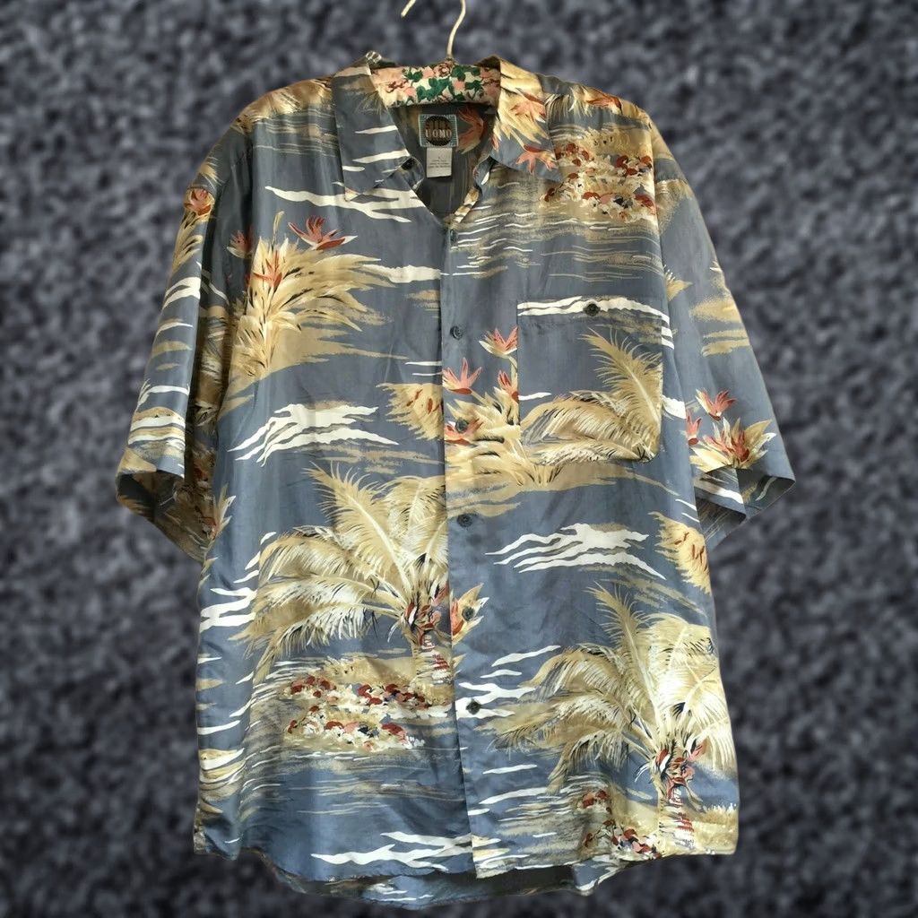 Vintage Silk Uomo Mens Large Palm Tree Button Up Hawaiian Shirt Short Sleeve Blue Size US L / EU 52-54 / 3 - 1 Thumbnail