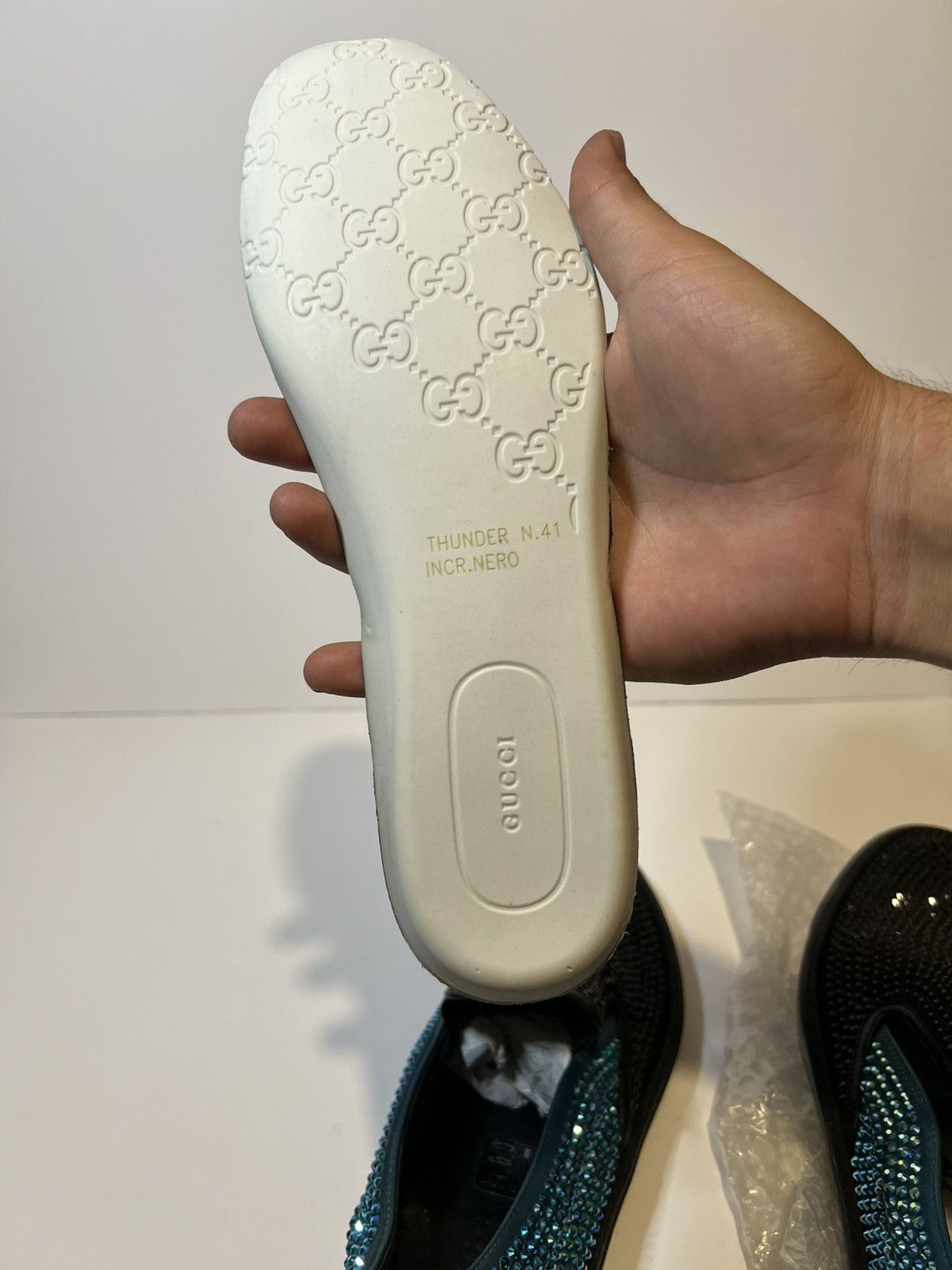 Gucci Gucci satin crystal slip on black/teal sneaker shoes Size US 9 / EU 42 - 8 Thumbnail