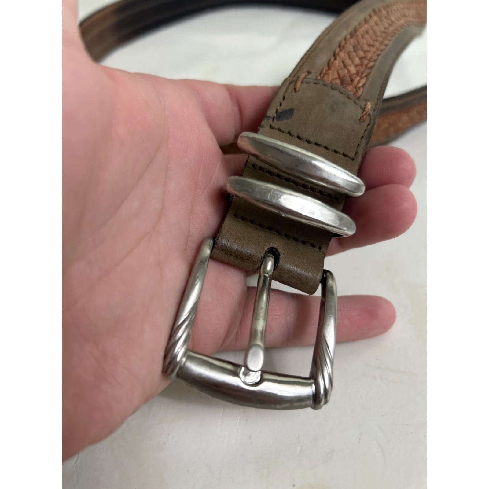 Vintage VINTAGE Western Style Belt Buckle Brown Leather Solid Brass 34” Mens Belt Leather Brass Western 34 Inches Brown Men Size 34 - 3 Thumbnail