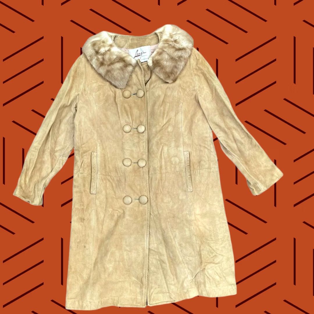 Doublet VINTAGE Lang's Leather Suede Evening Coat Fur Collar Beige Tan Double Breasted Mid Length Mens/Adults L 1960s Size L / US 10 / IT 46 - 1 Thumbnail