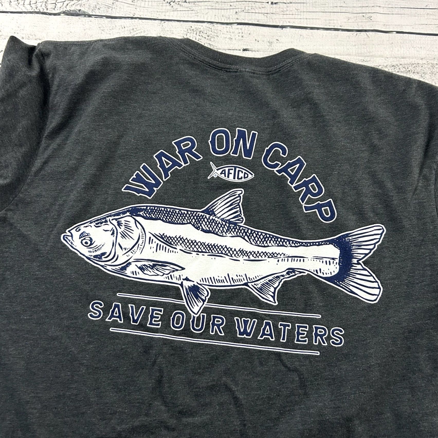 Vintage AFTCO War On Carp Save Our Waters Short Sleeve T Shirt Men's Large Gray Size US L / EU 52-54 / 3 - 6 Thumbnail