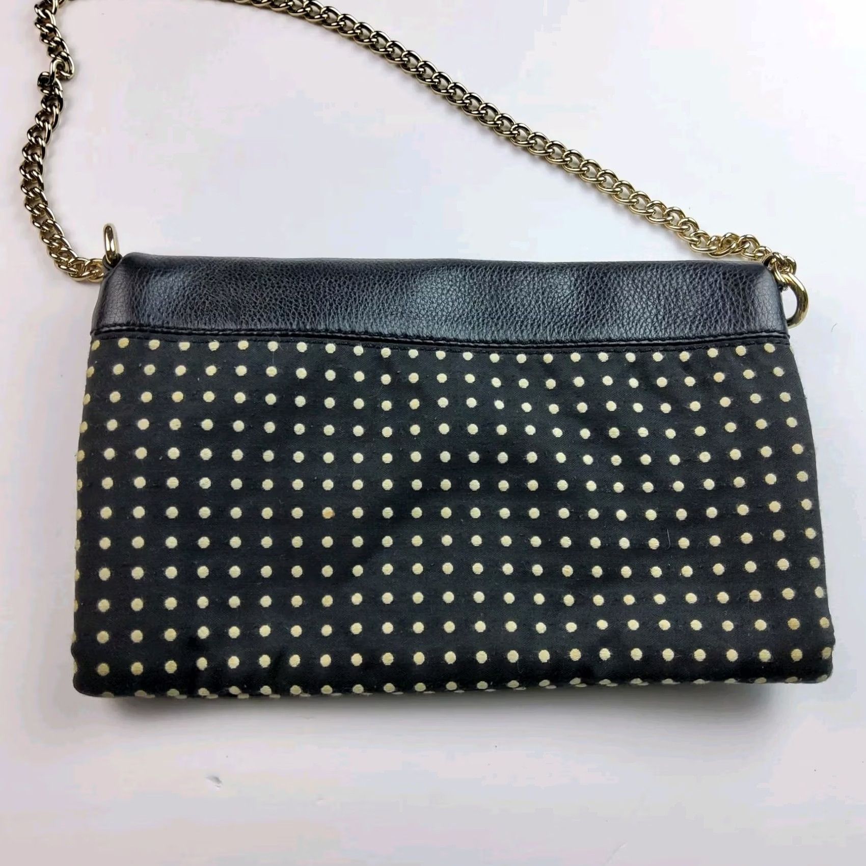 Vintage Kate Spade NY Foldover Polka Dot Chain Strap Shoulder Handbag Purse Black Leather Fabric Women Shoulder Bag Size ONE SIZE - 4 Thumbnail