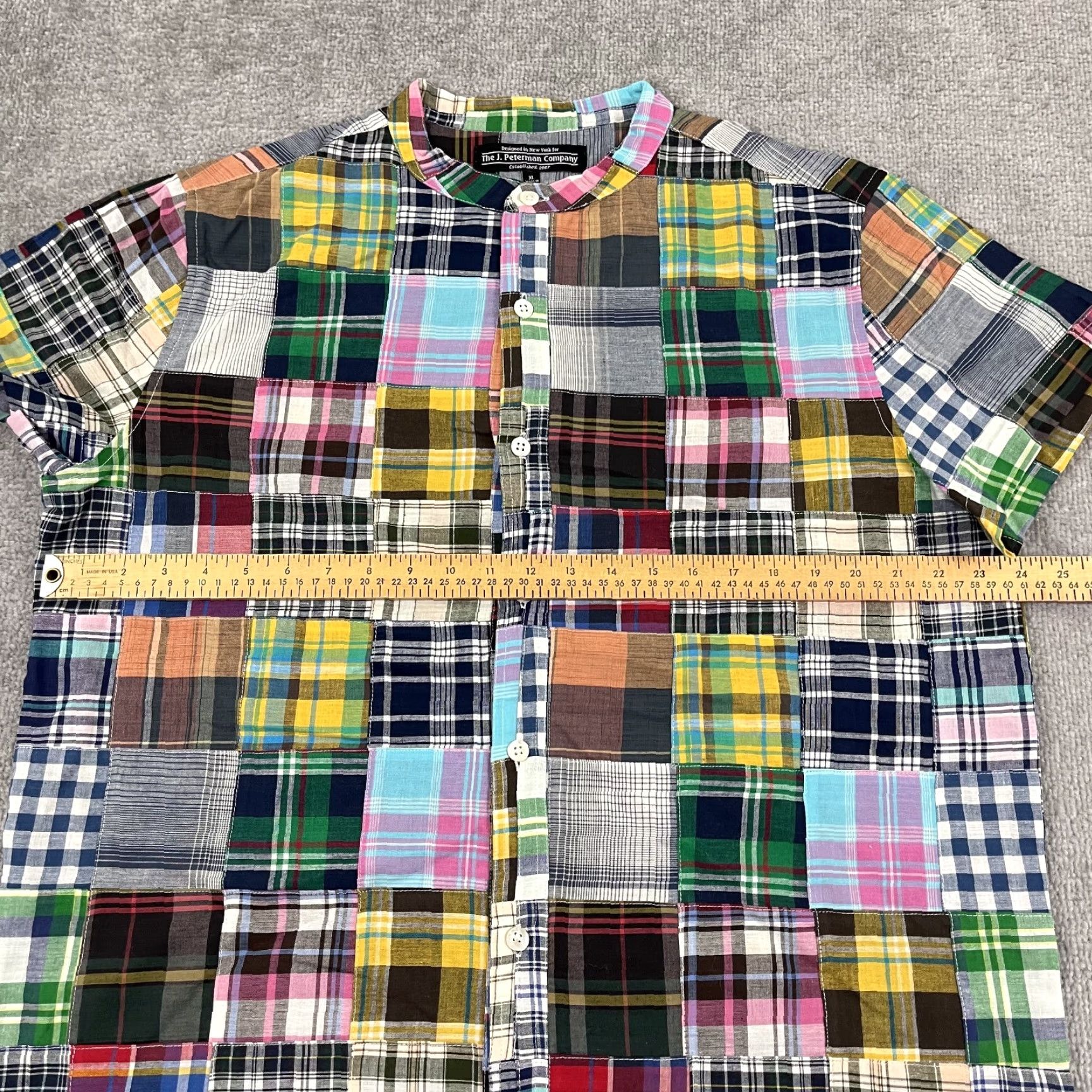 Vintage J. Peterman Shirt Mens XL Madras Plaid Patchwork Button Up Band Collar Preppy Size US XL / EU 56 / 4 - 5 Thumbnail