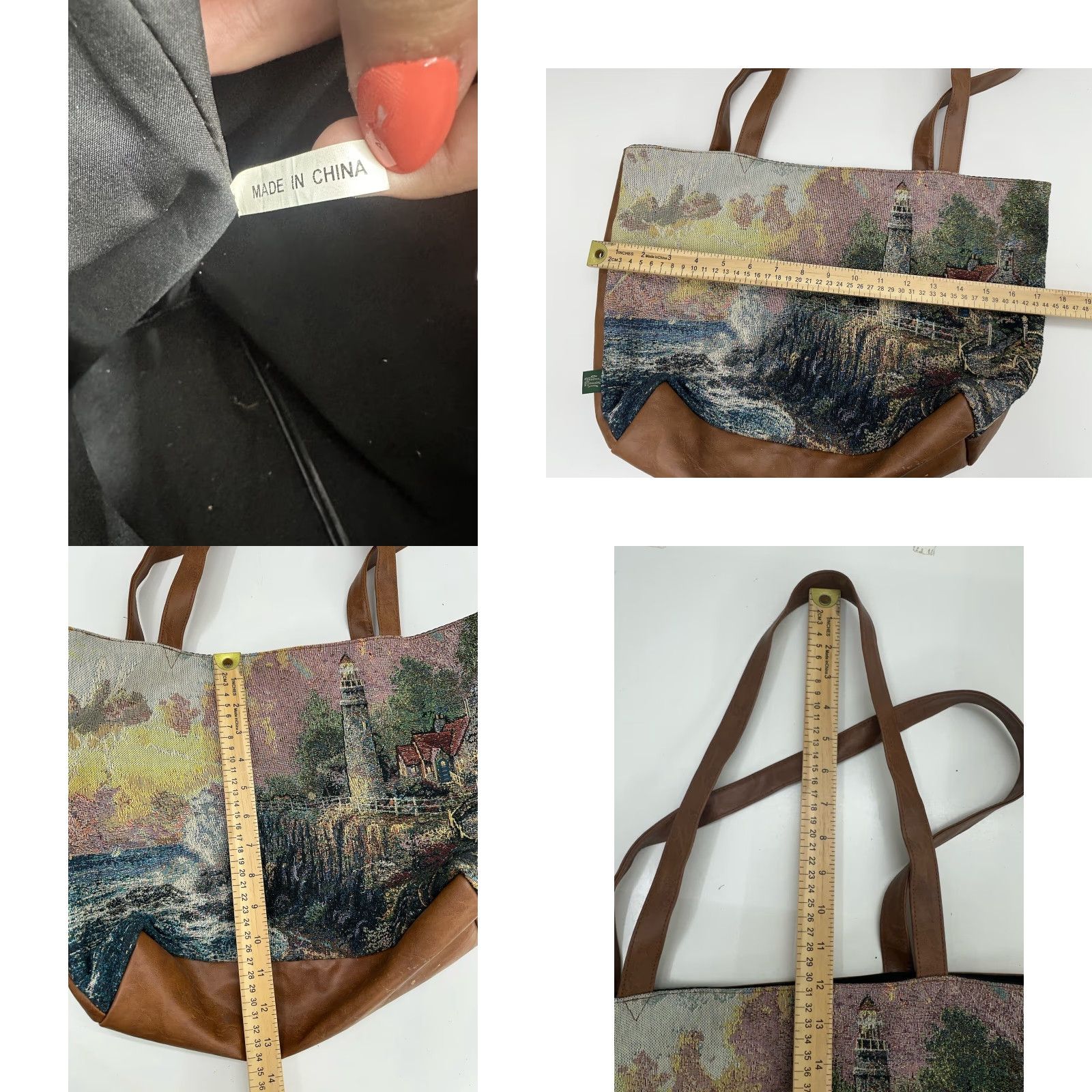 Vintage Thomas Kinkade Lighthouse Tote Bag Purse Tapestry Faux Leather Tote Brown Canvas Women Medium Vintage 90s Beach American Womens Size ONE SIZE - 8 Thumbnail