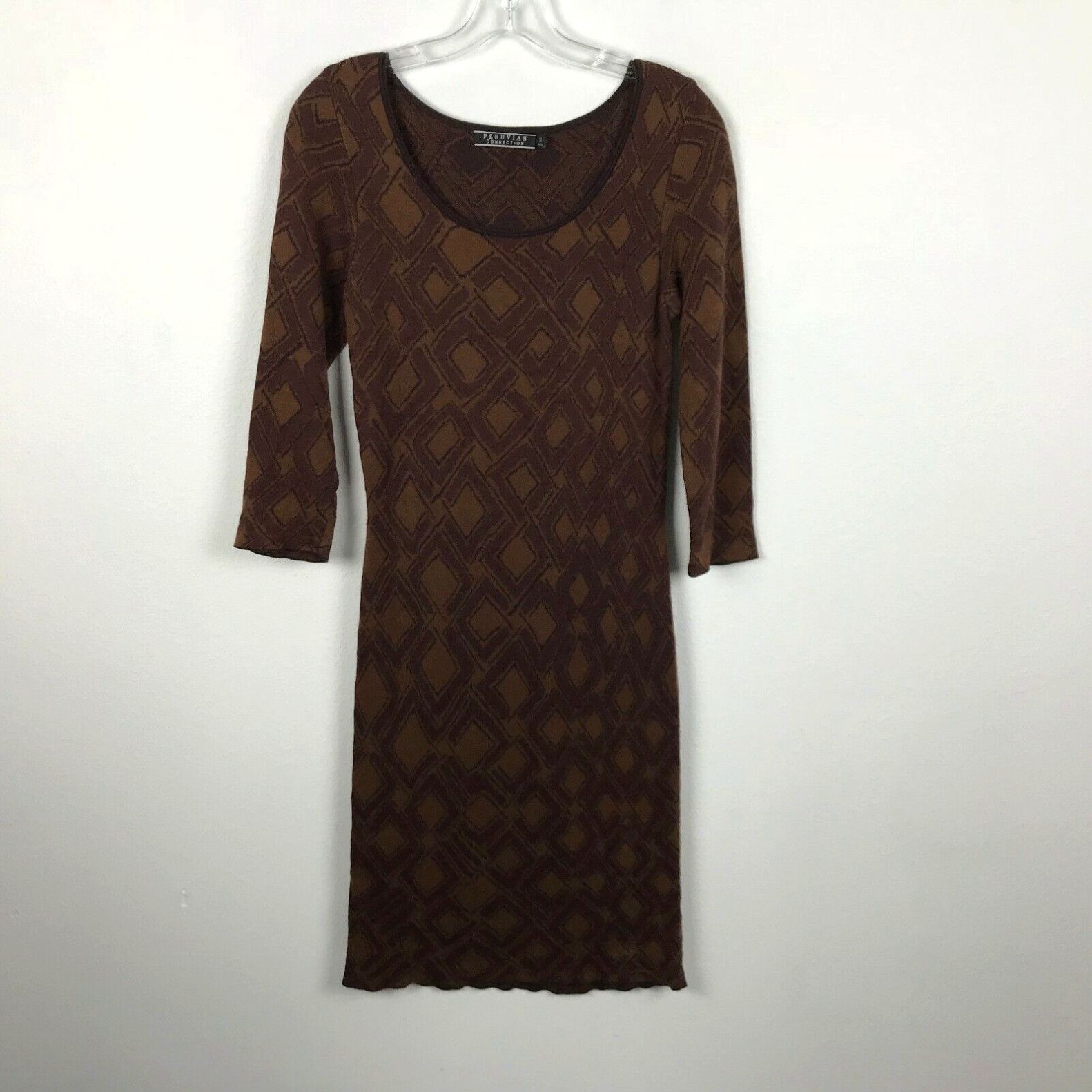 image of Vintage Peruvian Connection Sweater Dress Xs Brown 3/4 Sleeves Womens Cotton Geometric in White