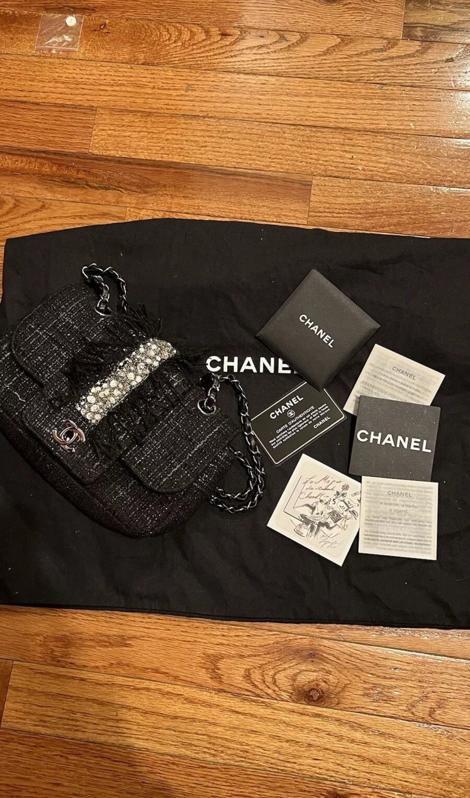 Chanel Chanel Vintage Tweed Fringle Flap Bag Black Rhinestone Size ONE SIZE - 5 Thumbnail