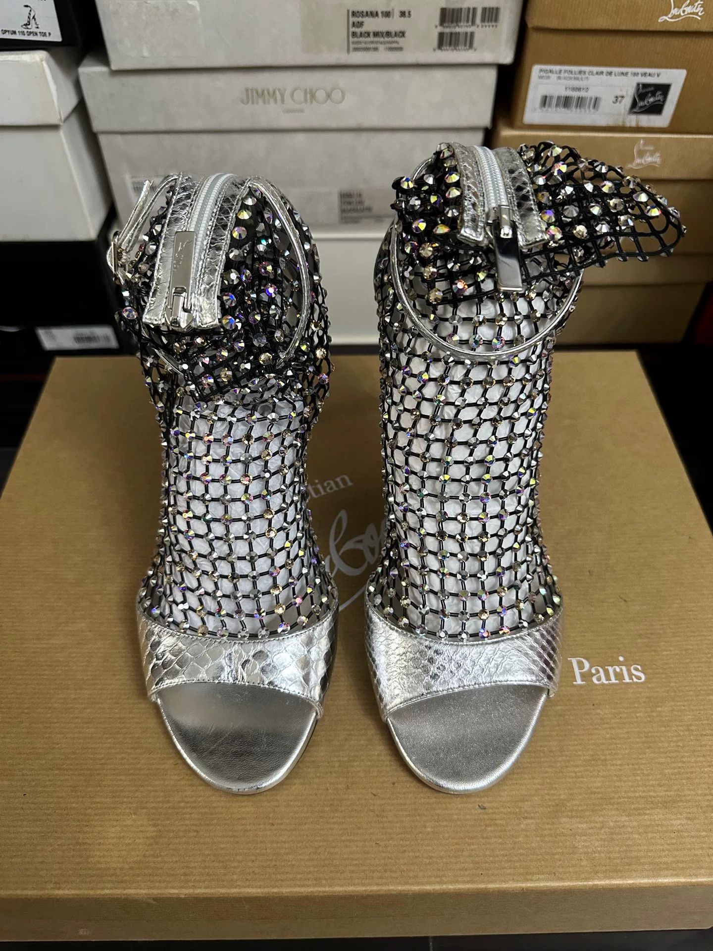 Rene Caovilla Rene Caovilla Silver Crystal Mesh Heels Size US 7 / IT 37 - 1 Thumbnail