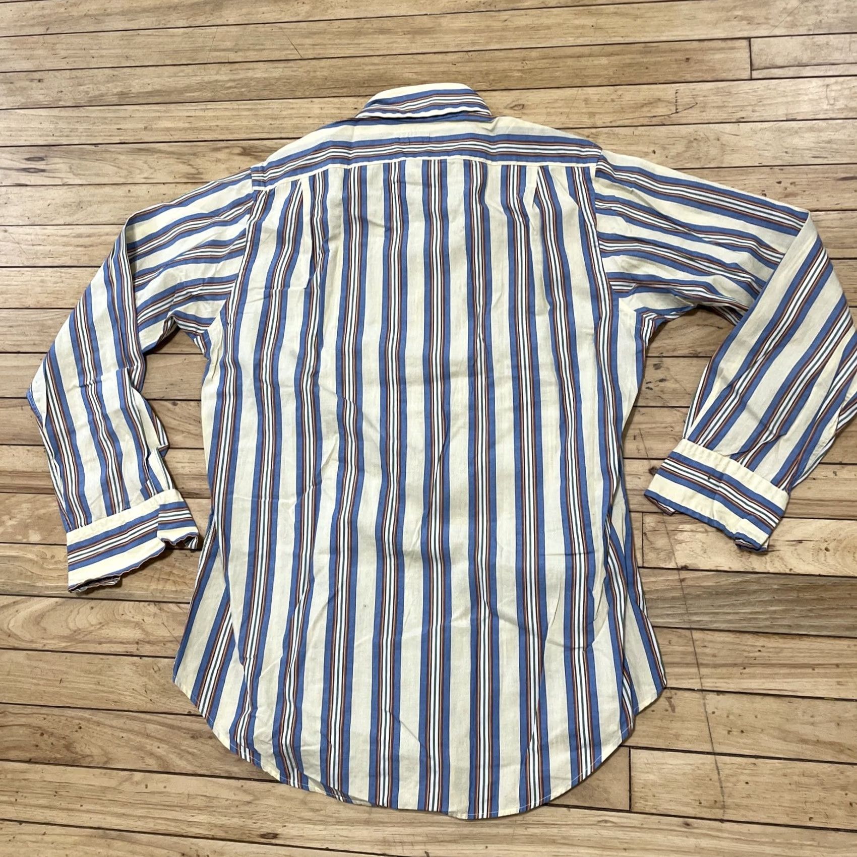 Gant VINTAGE GANT Shirt Regular 15.5 34 Blue Yellow Cream Green Striped Button-Up Western Cowboy 70s 90s Bohemian Grandpa Point Collar USA Mens Size US L / EU 52-54 / 3 - 2 Thumbnail