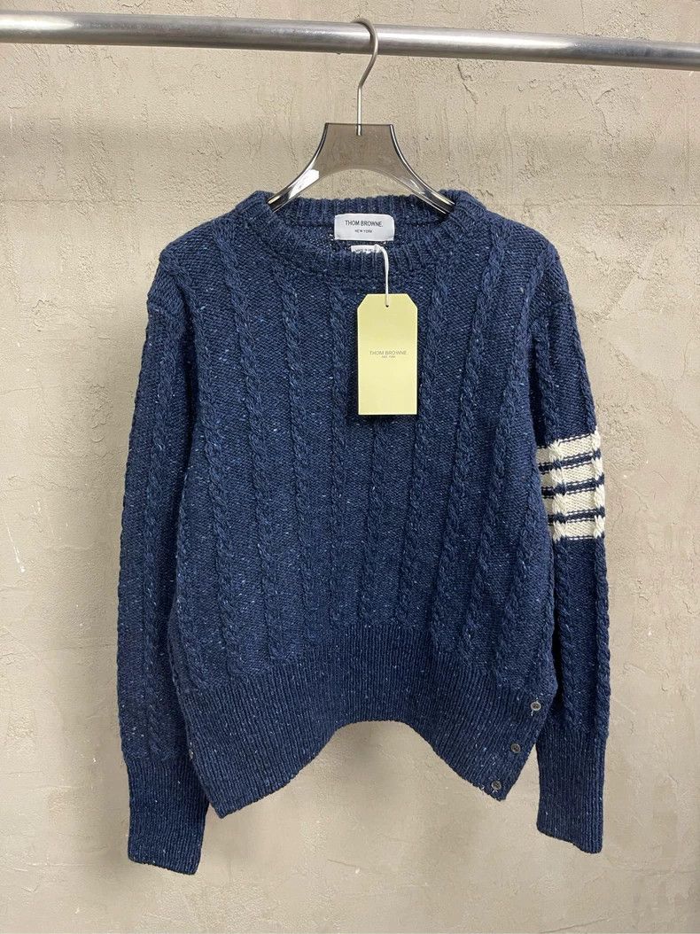 Thom Browne Thom browne Dark blue four-striped wool horsehair round-nec Size US XL / EU 56 / 4 - 1 Thumbnail