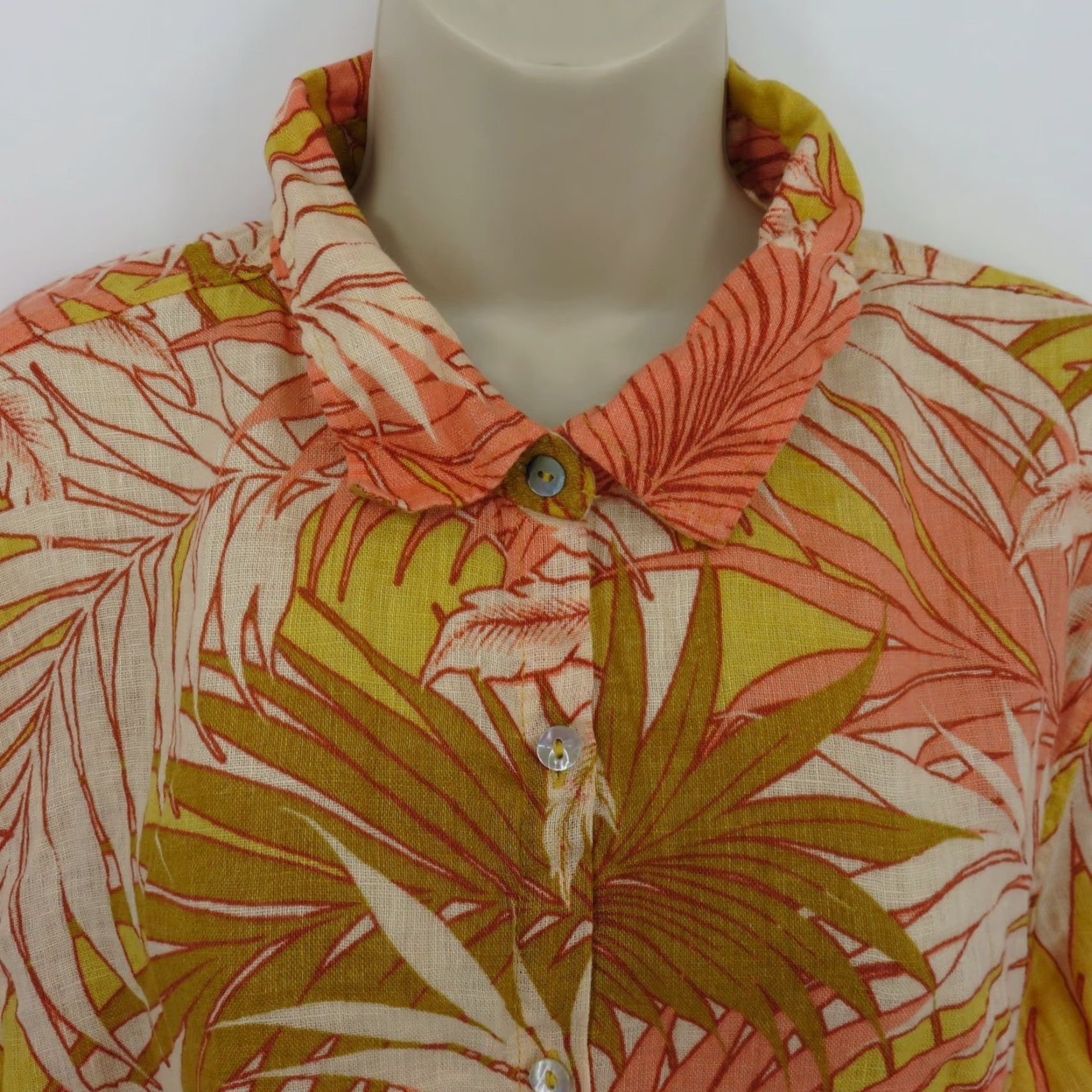 Vintage Tahari Shirt Women's XL Orange Linen Collared Button Long Sleeve Tropical Floral Autumn Spring Summer Winter Holiday Workwear Dressy Casual Size XL / US 12-14 / IT 48-50 - 2 Thumbnail