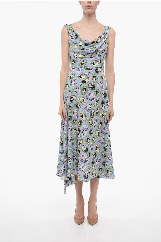 image of Alessandra Rich Graphic Print Silk Midi Dress in Light Blue, Women's (Size Medium)