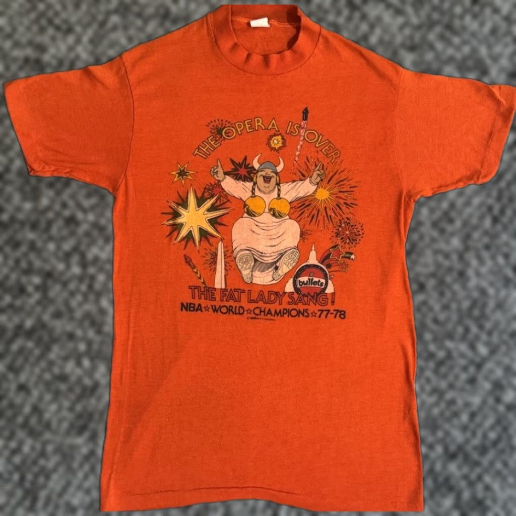 NBA VINTAGE Washington Bullets NBA World Champions The Fat Lady Sang T Shirt S Shirt Explosion T-Shirt Orange Mens 70s Sports 1970s Size US S / EU 44-46 / 1 - 1 Thumbnail