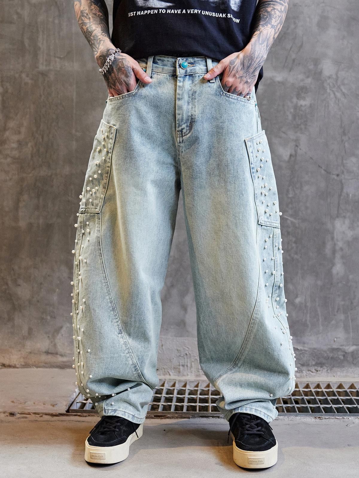 Japanese Brand Light Wash Relaxed Fit Pearl Embellished Jeans Size US 32 / EU 48 - 6 Thumbnail