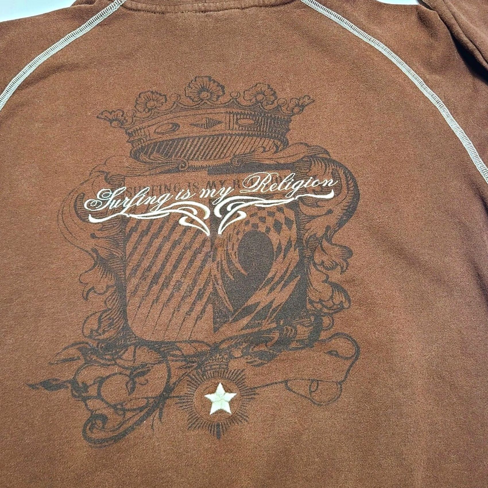 Vintage Ocean And Earth "Surfing Is My Religion" Hoodie Mens S Size Small Graphic Y2k Brown Cotton Blend Pullover Long Sleeve Size US S / EU 44-46 / 1 - 3 Thumbnail