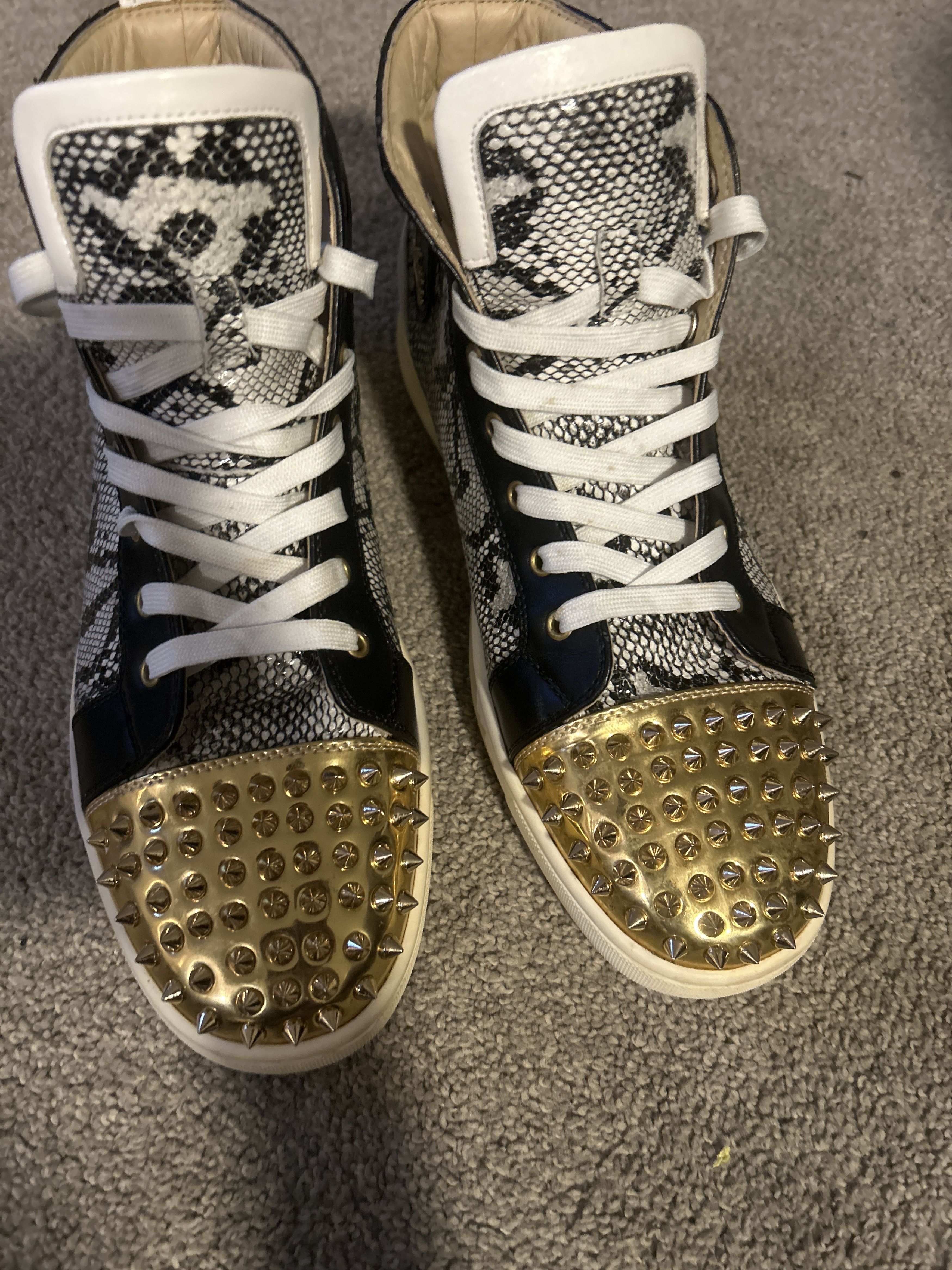 Christian Louboutin Spikes black white snakeskin gold spikes