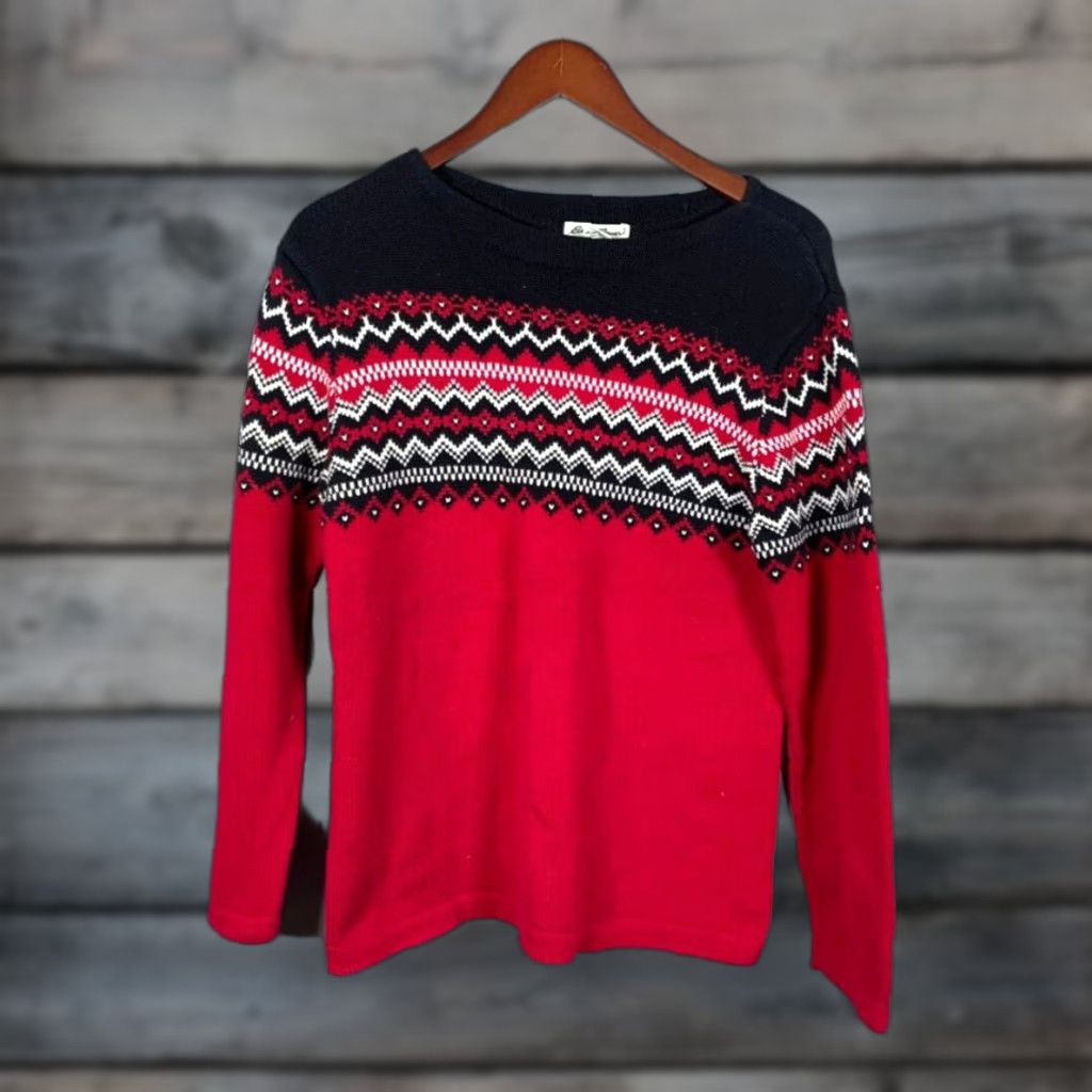 Eddie Bauer Eddie Bauer Fair Isle Pattern Sweater Women's S Red Black 100% Cotton Knit Pullover Crew Neck Long Sleeve Vintage No Size S / US 4 / IT 40 - 1 Thumbnail