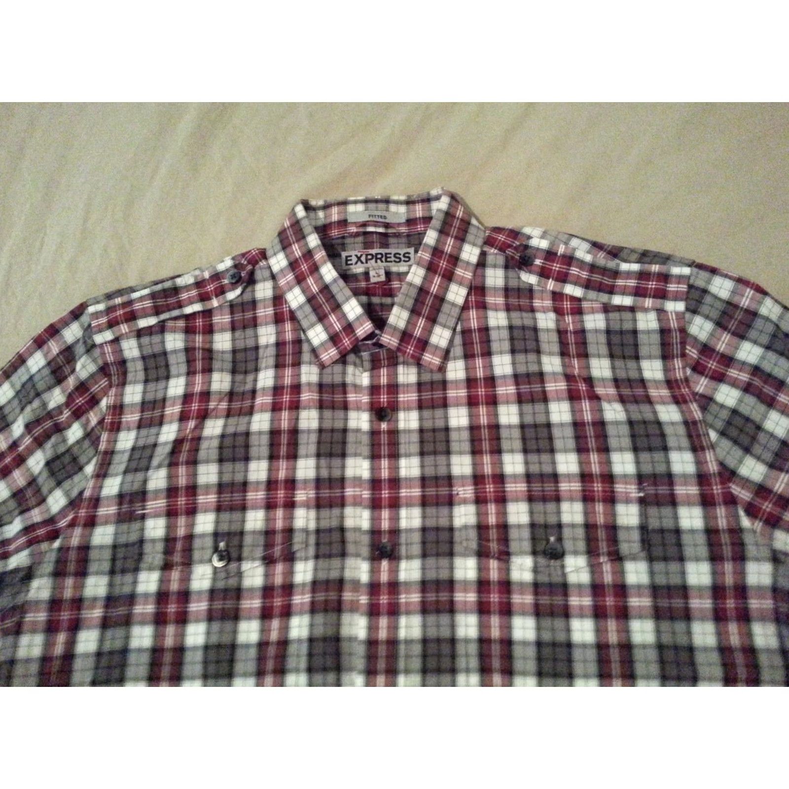 Express Mens Express Plaid Dress Shirt Large 16 1/2 Cotton Long Sleeve Button-Down Red Barrel Cuff Mens Clothing Size 42R - 3 Thumbnail