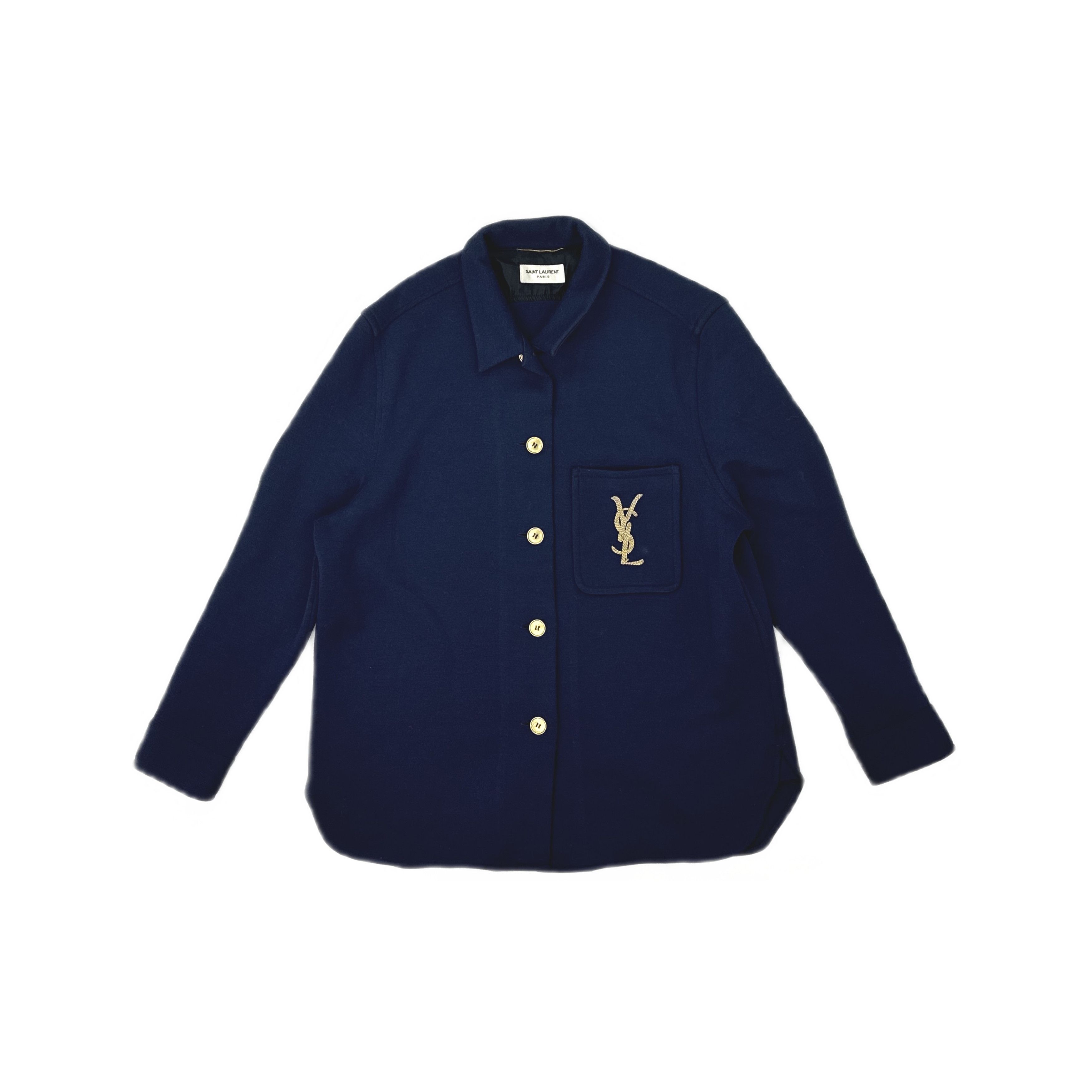 Saint Laurent Paris Saint Laurent Monogram Wool Button Up Shirt Navy F44 Size L / US 10 / IT 46 - 1 Thumbnail