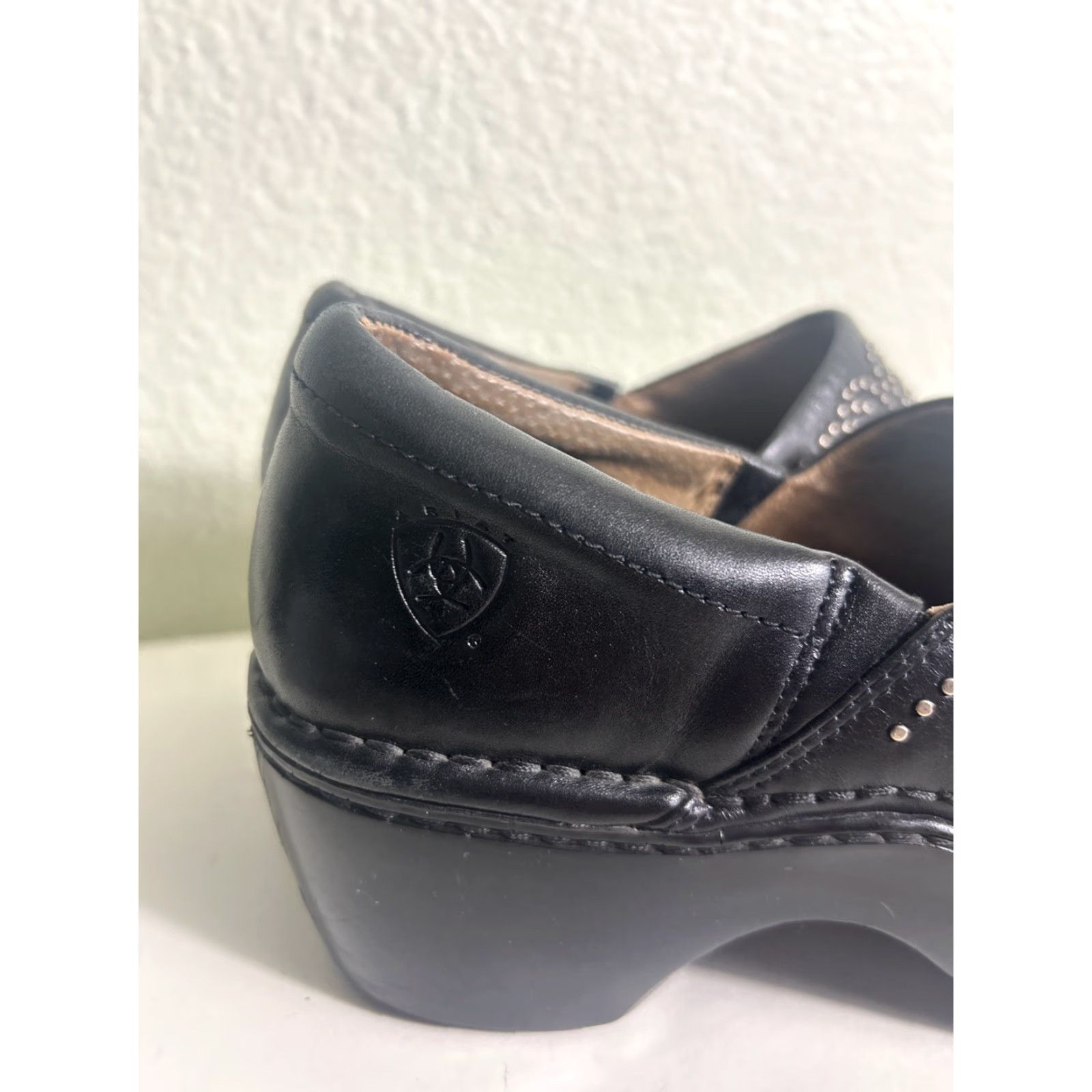 Ariat Ariat Strathmore Clog Women 7.5 Black Leather Western Slip On Mules Studded Wedge Heel Rubber Outsole Casual Workwear Size ONE SIZE - 4 Thumbnail