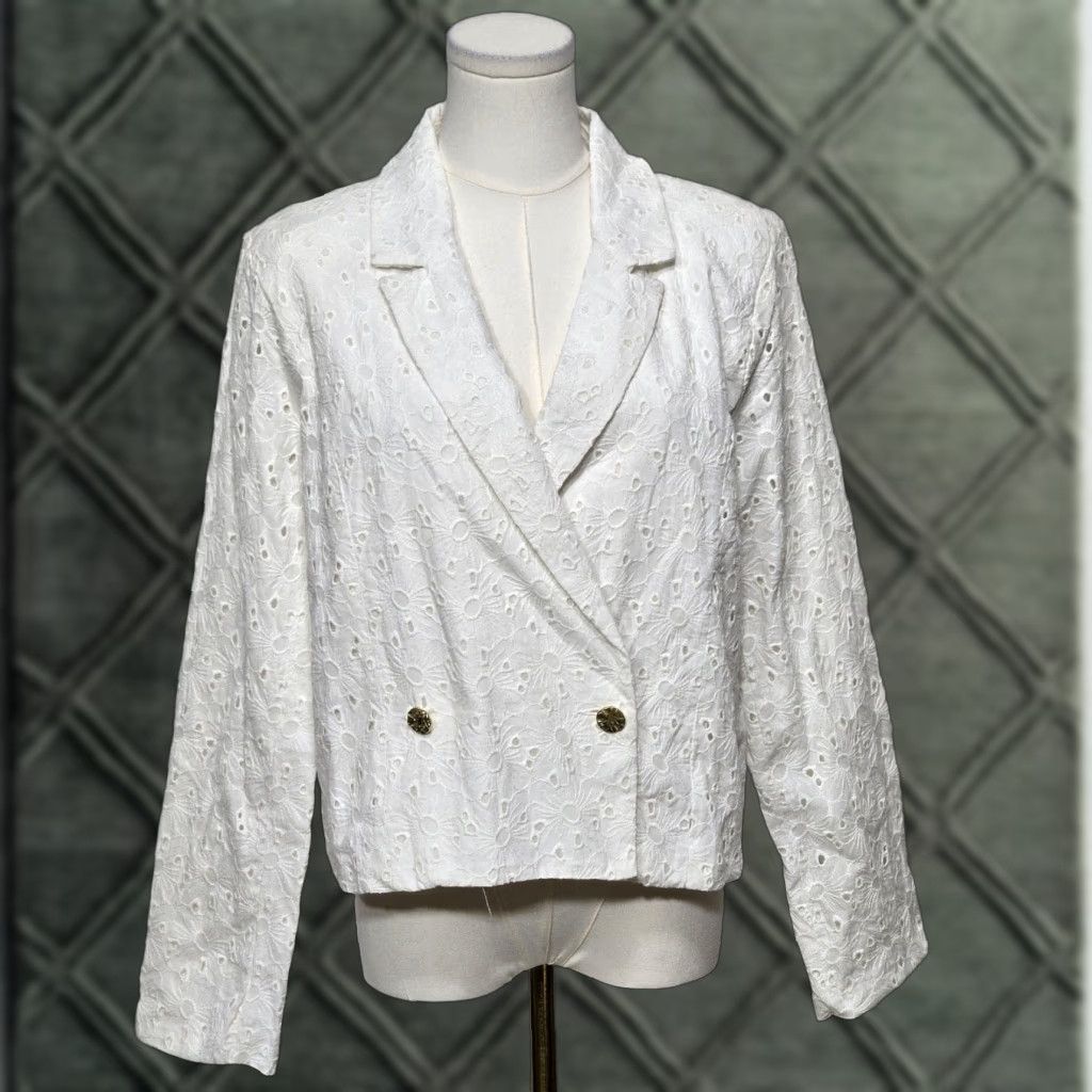 Doublet Versona Blazer Womens Large White Eyelet Embroidered Double Breasted Gold Button Size L / US 10 / IT 46 - 1 Thumbnail