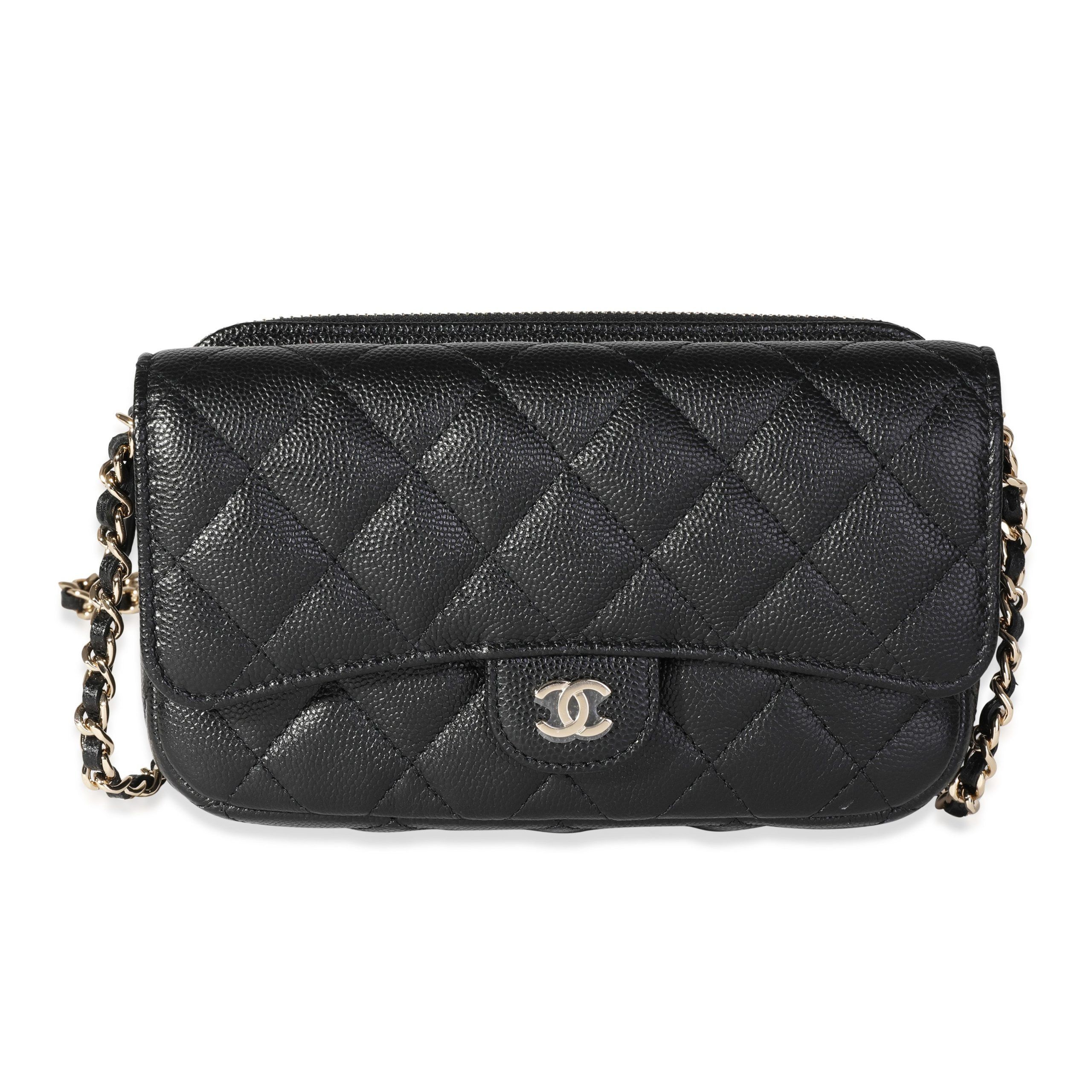 image of Chanel Black Quilted Caviar Phone Holder With Chain, Women's