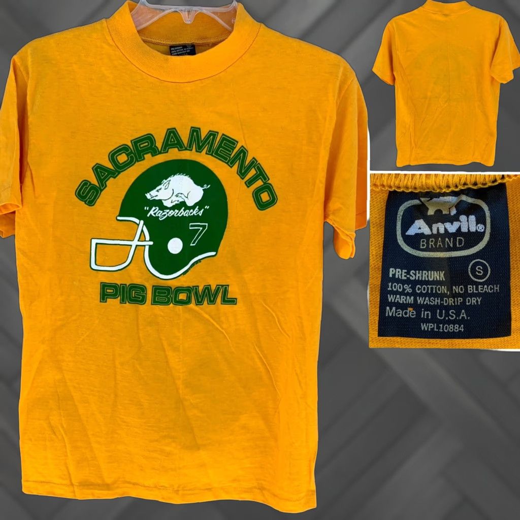 Anvil VINTAGE Sacramento Razorbacks 7 Pig Bowl T Shirt Anvil Size S Yellow Graphic Tee Mens 70s 80s USA Cotton Short Sleeve Size US S / EU 44-46 / 1 - 1 Thumbnail