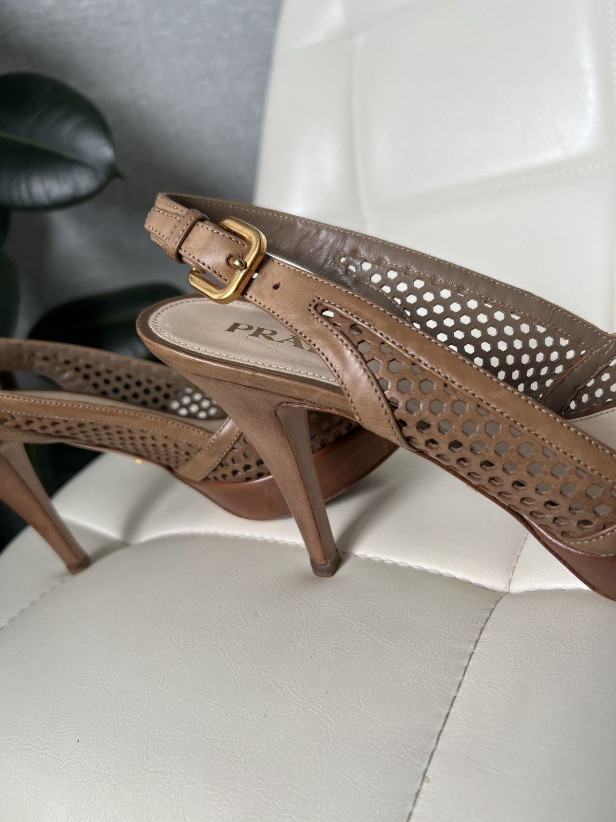 Prada Prada Brown Leather Cutout Peep Toe Slingback Platform Heels Size US 7.5 / IT 37.5 - 11 Thumbnail