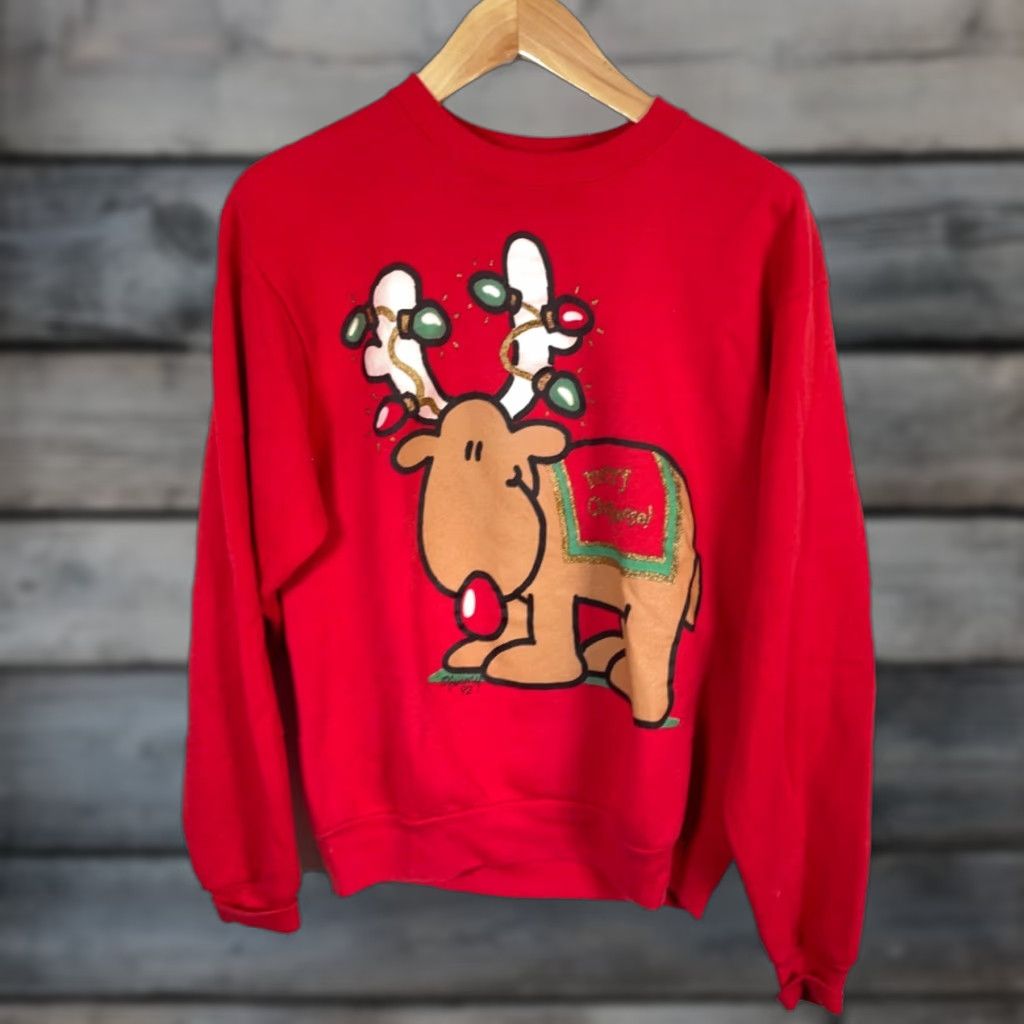 Fruit Of The Loom Fruit of the Loom 90s Christmas Reindeer Sweatshirt Adult Large Red Double Sided Size L / US 10 / IT 46 - 1 Thumbnail
