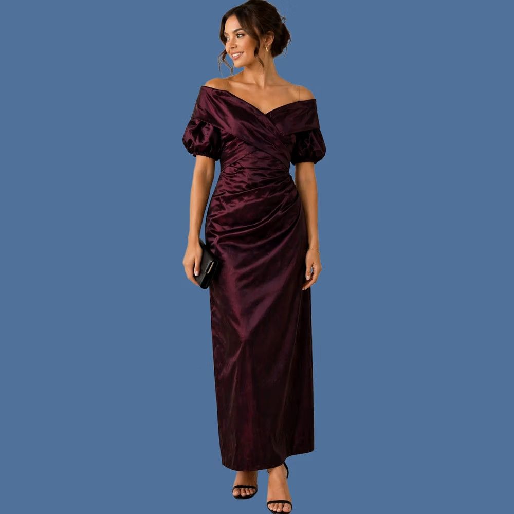 Vintage Teri Jon Dress Womens 16 Red Off Shoulder Puff Sleeve Ruched Satin Maxi Formal Dress Size XXL / US 16-18 / IT 52-54 - 1 Thumbnail