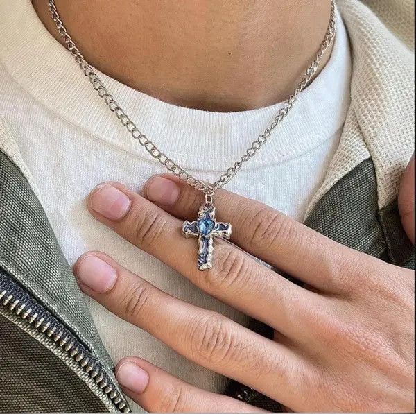 Other Silver Cross Necklace with Blue Heart Stone Size ONE SIZE - 1 Thumbnail