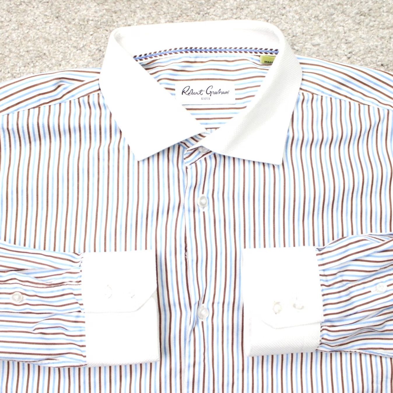 Robert Graham Robert Graham Shirt Mens 17.5 44 Blue/Brown Contrast Collar Cotton Long Sleeve Dress Shirt Mens Size US XXL / EU 58 / 5 - 2 Thumbnail