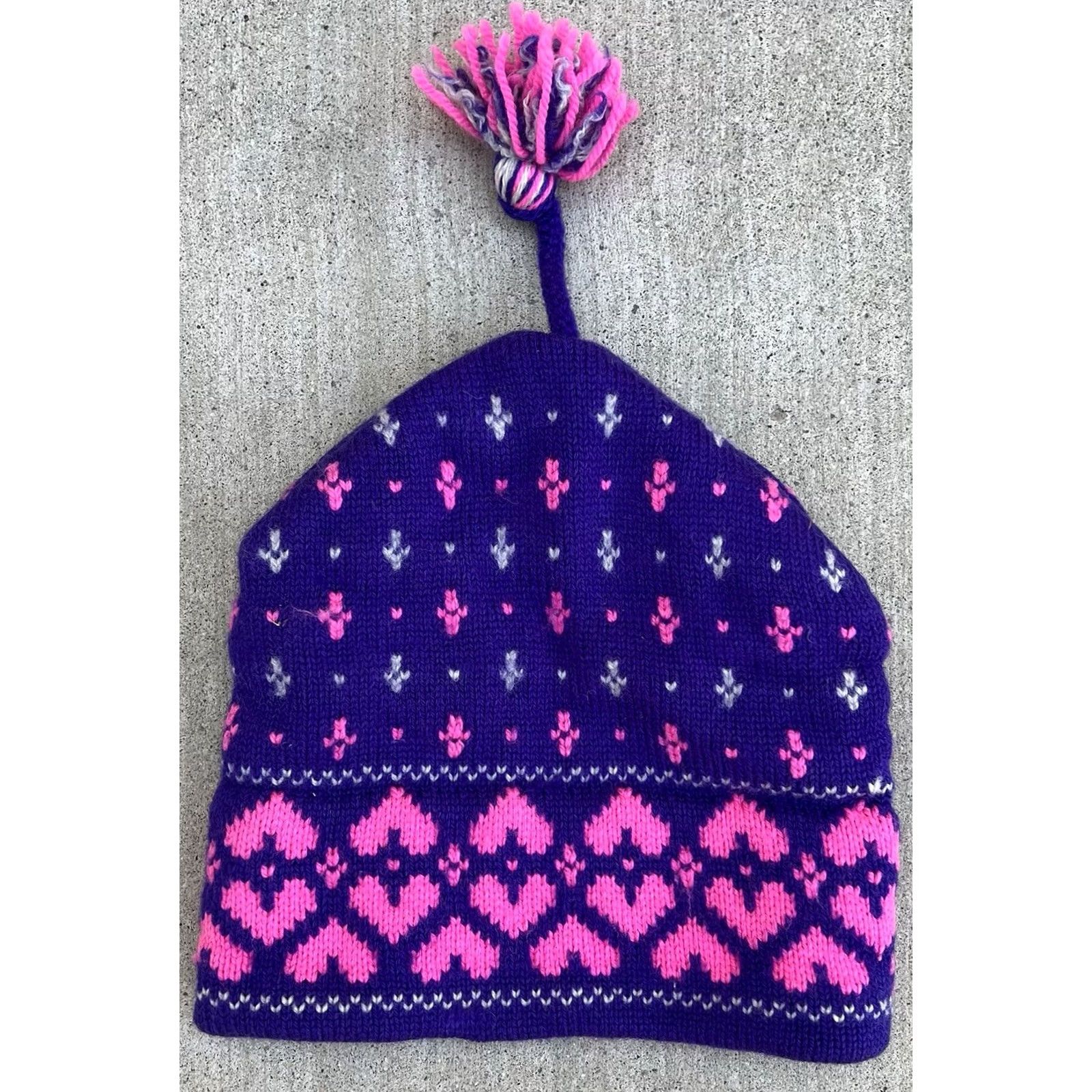 Pinko VINTAGE 80s Wool Ski Beanie Hat Purple Pink Tassel Cap Canada Fair Isle Cappello Size ONE SIZE - 7 Thumbnail