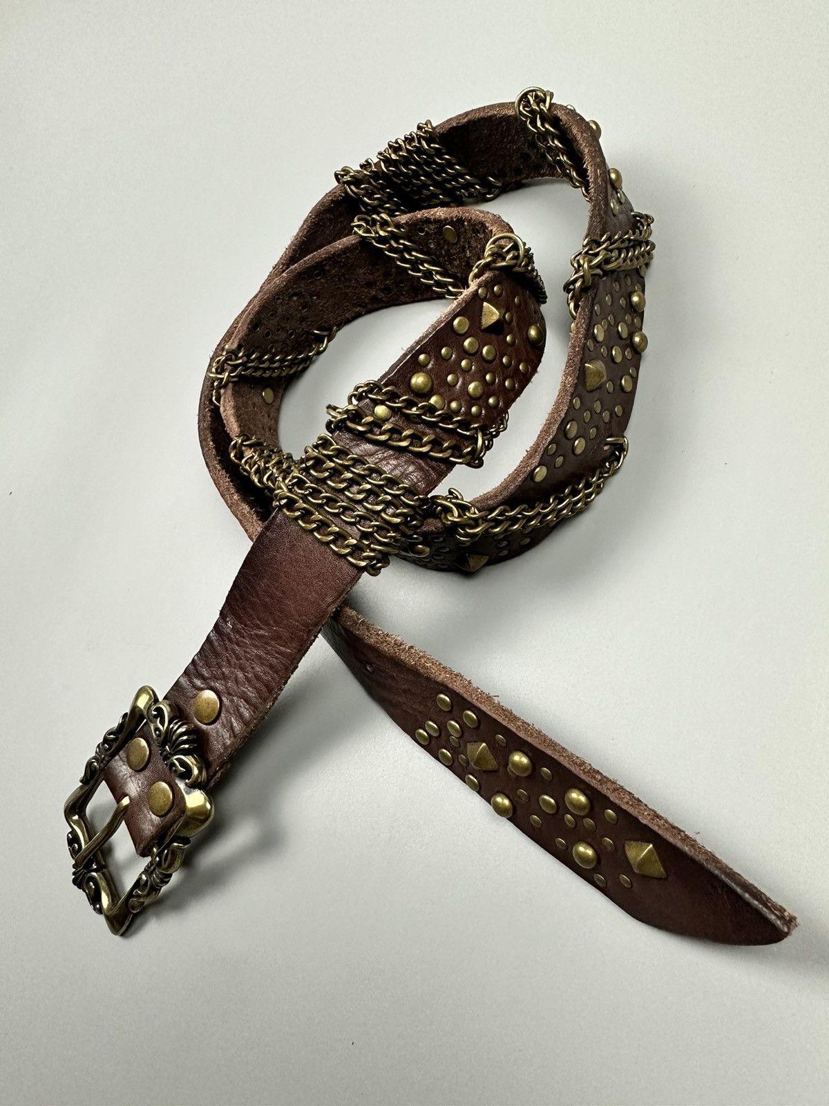 Japanese Brand Rare Gothic Celtic Flower Buckle Studded Leather Belt Size 34 - 3 Thumbnail