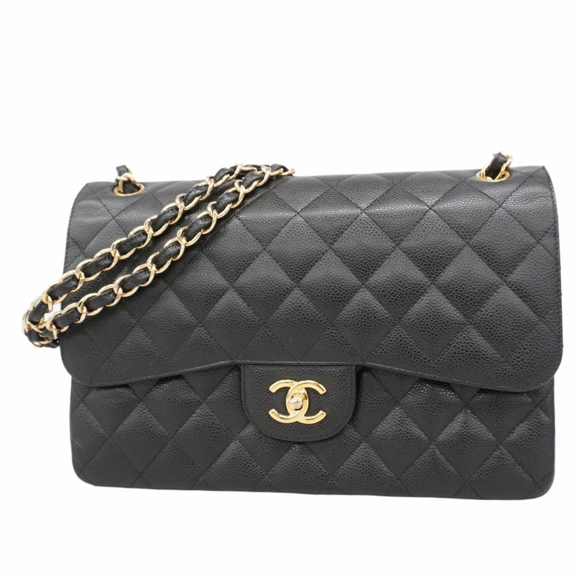 Chanel Matelasse Shoulder Bag with Double Flap and Chain, Caviar Skin, Black, Champagne, Women's