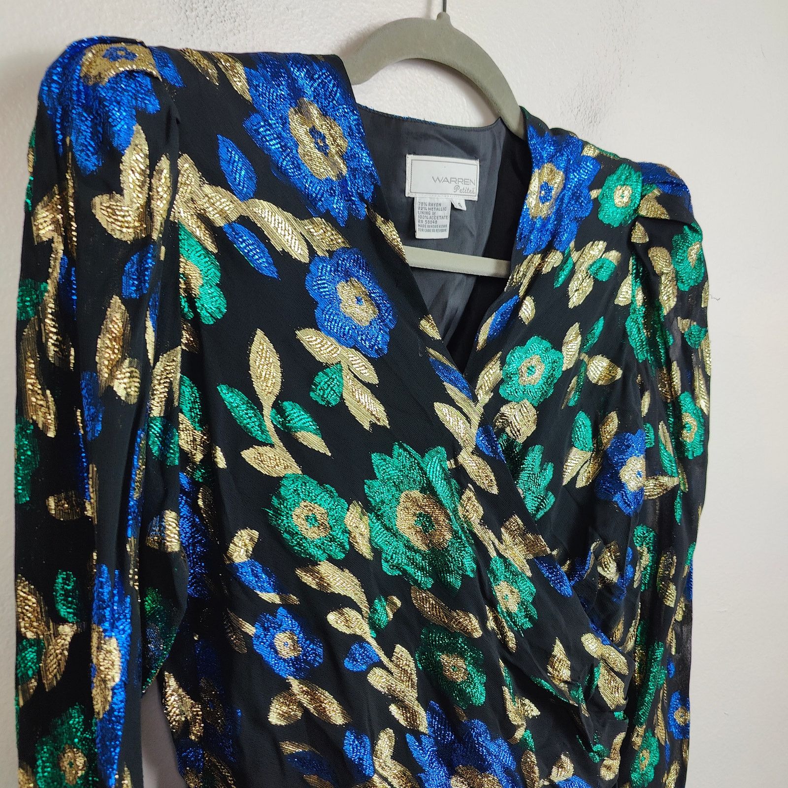 Other Vintage Warren Petites Metallic Wrap Top Womens 6 Black Size M / US 6-8 / IT 42-44 - 2 Thumbnail