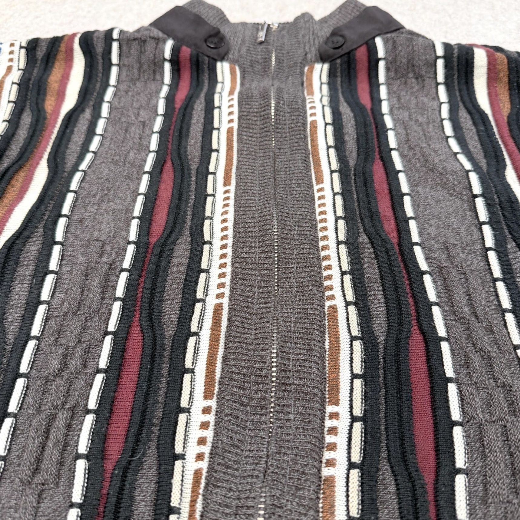 Vintage Montique Sweater Mens Large Gray Full Zip Mock Neck 3D Knit Elbow Patch Striped Knit Size US L / EU 52-54 / 3 - 6 Thumbnail