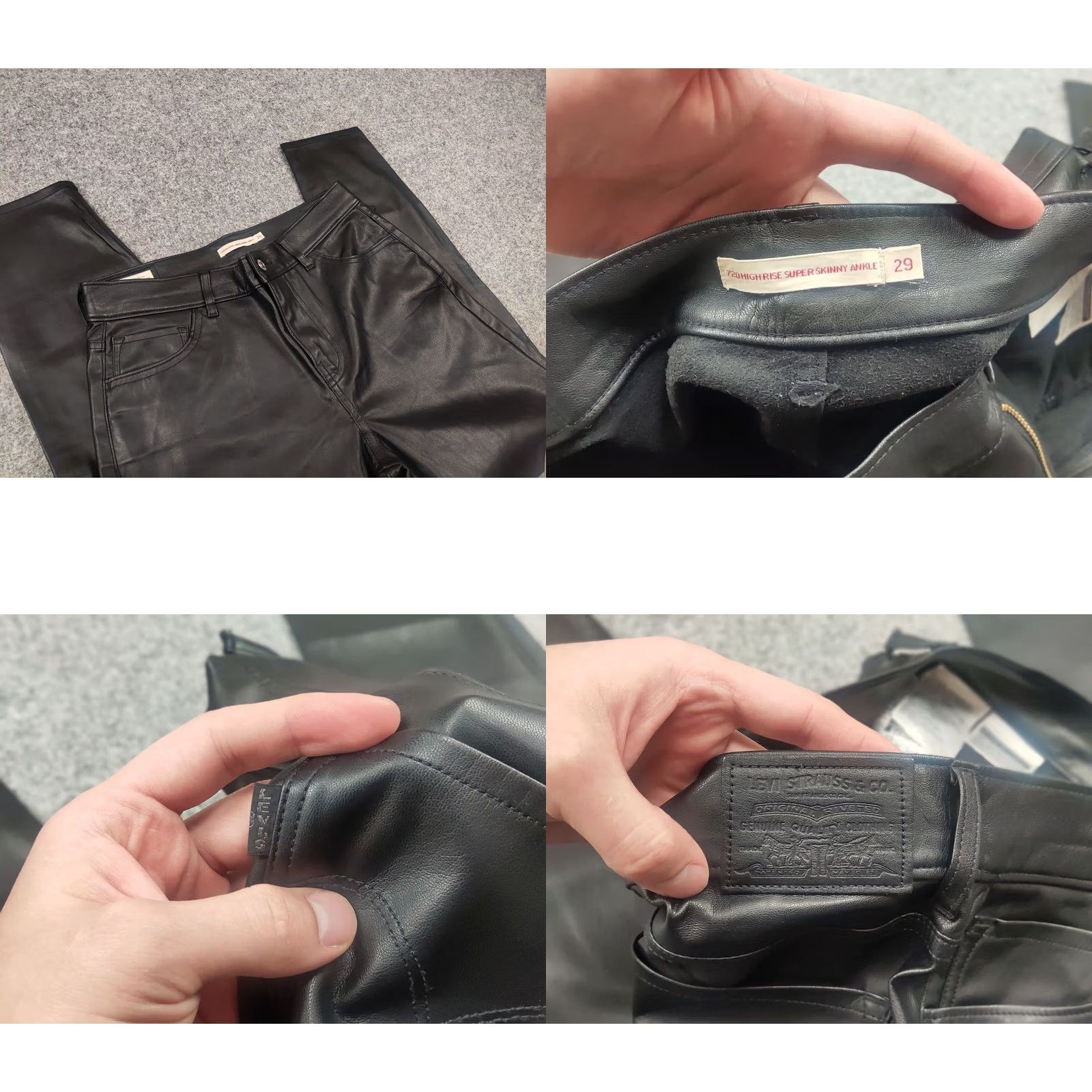 Levi's VINTAGE Levi's 720 Black Faux Leather High Rise Super Skinny Ankle Jeans Women 29 Black 90s Designer Size 29" - 9 Thumbnail