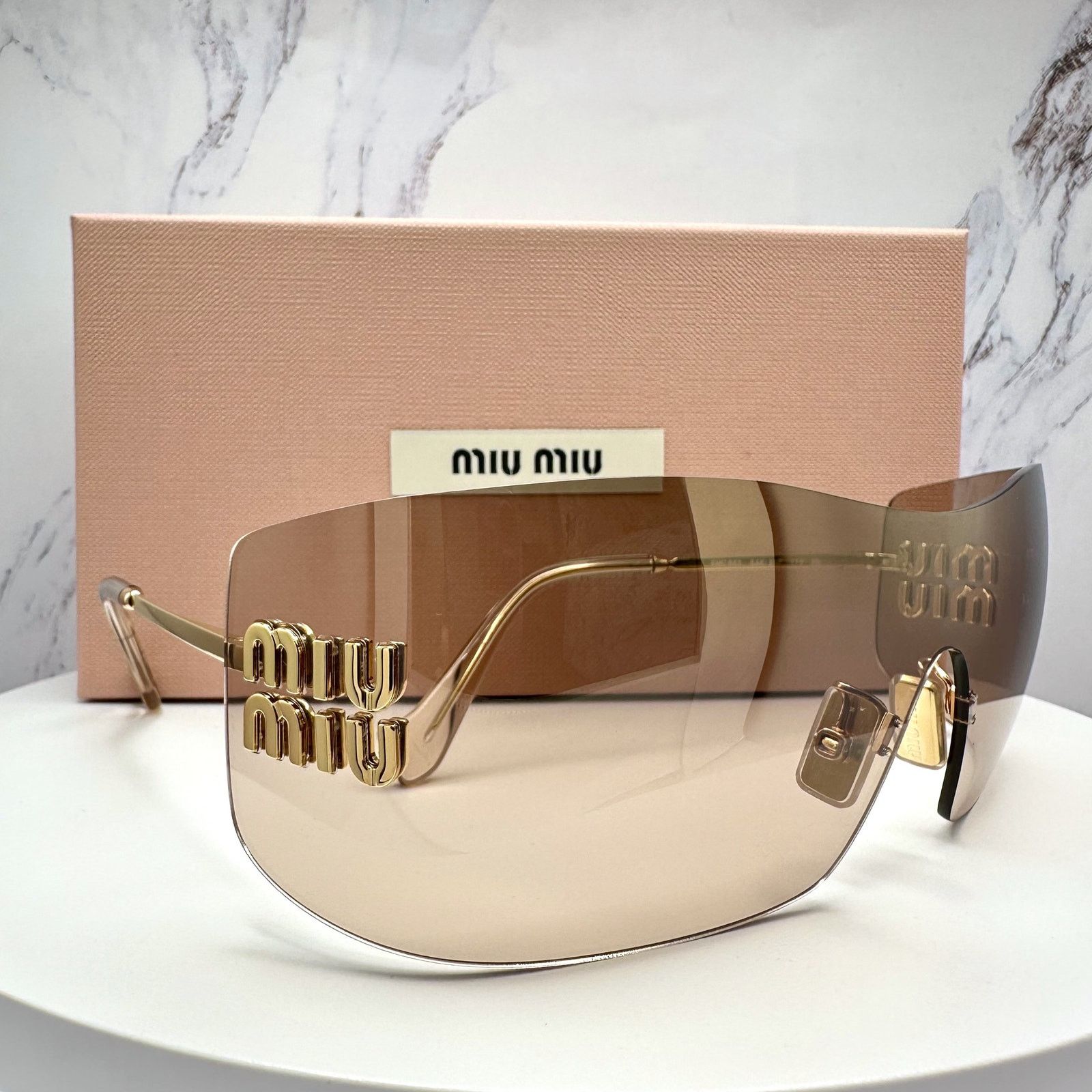 Miu Miu New MIU MIU Sunglasses Gold Light Mirror Bronze Rimless Wrap Size ONE SIZE - 15 Thumbnail