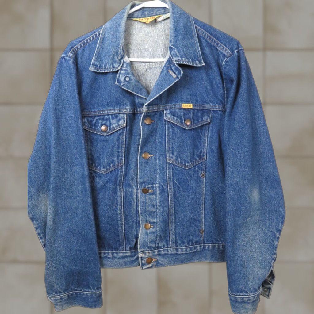 Vintage VINTAGE Rustler Denim Jacket Blue Regular L Mens 80s 90s USA Button Collared Pockets Distressed Size US 33 - 1 Thumbnail