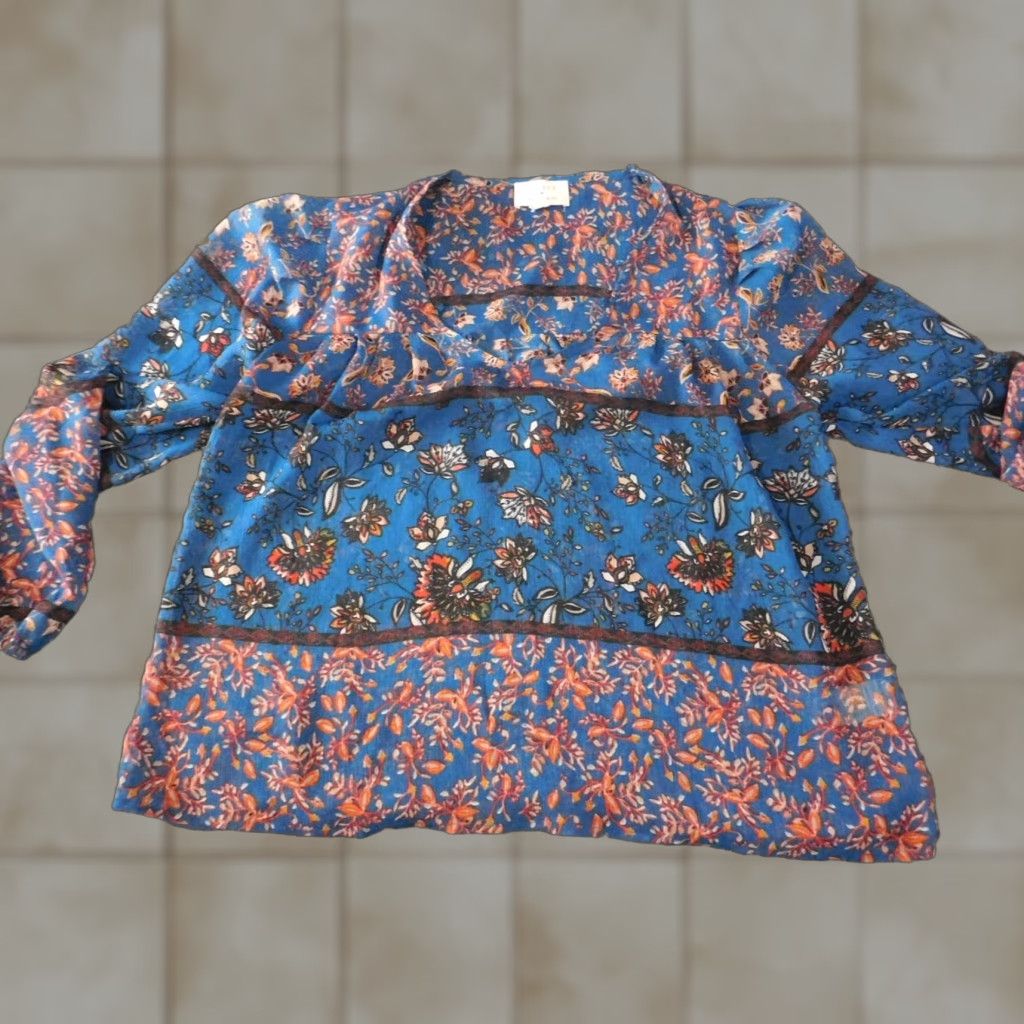 Vintage Everly Womens Blouse XS Blue Floral Top Designer Collared Pullover Casual Sleeve Button Polyester Rayon Regular Women's Top Size XS / US 0-2 / IT 36-38 - 1 Thumbnail