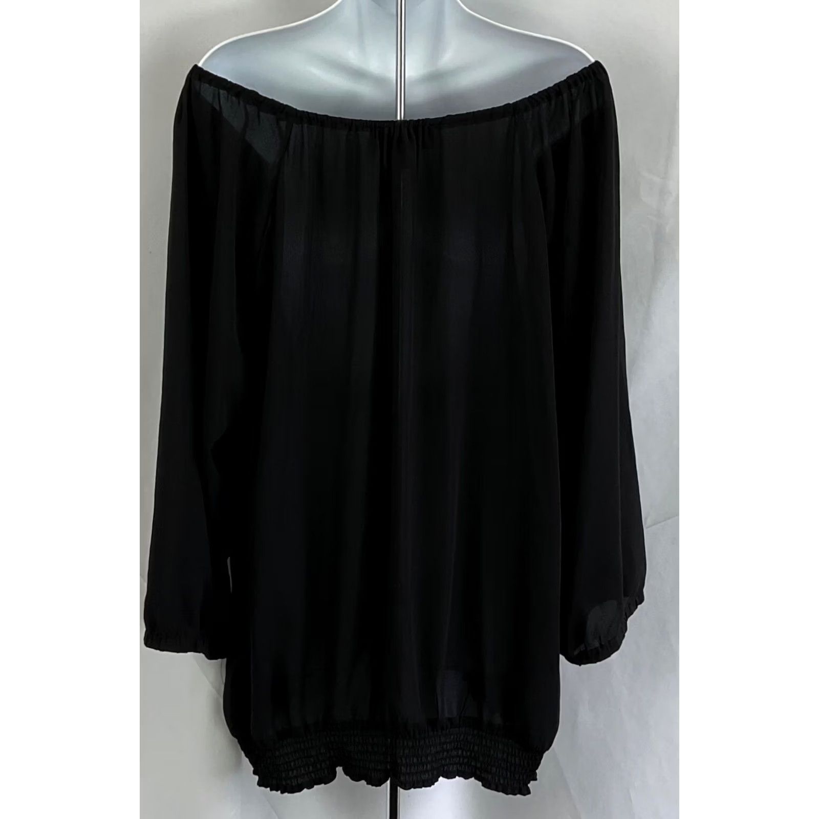 Vintage Lane Bryant Top 22/24 Blk Floral Beaded Embroidery Ruffles Smocked Off Shoulder Size 3XL / US 20-22 - 3 Thumbnail