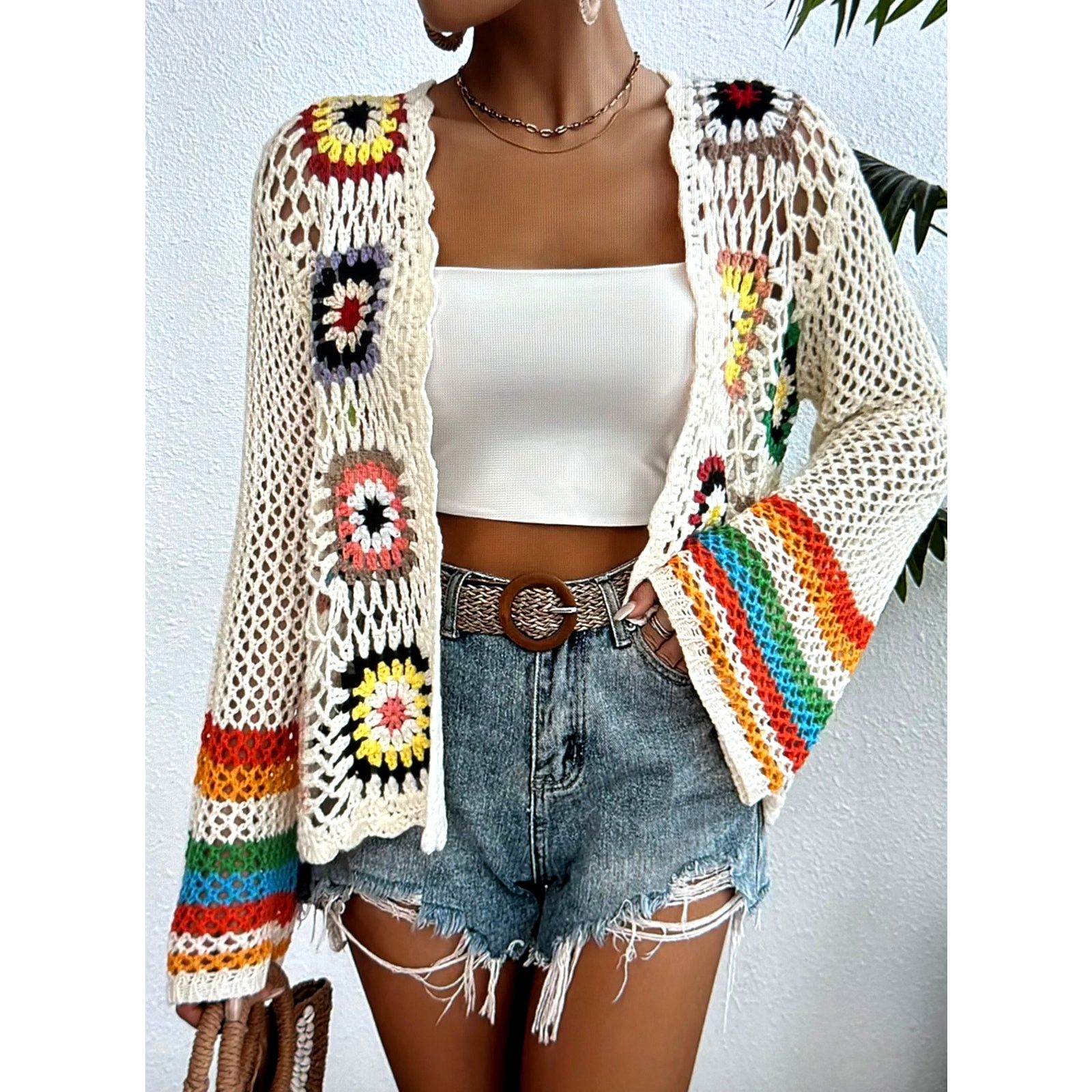 Other Retro Crochet Open Front Boho Cardigan Beige M (6) Size M / US 6-8 / IT 42-44 - 4 Thumbnail