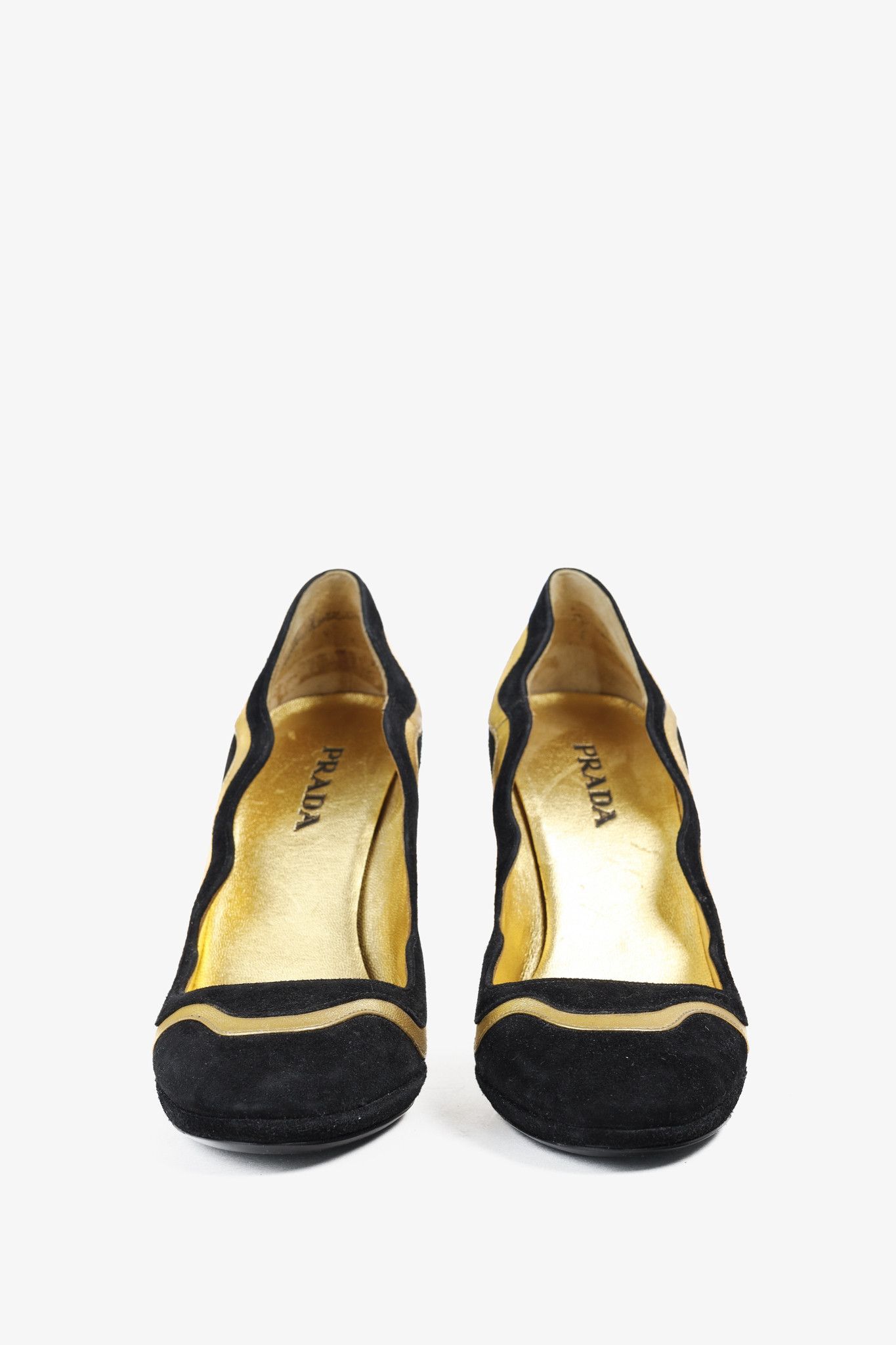 Prada Prada SS/08 Black & Gold Suede Wavy-Stripe Scalloped Heels Size US 6.5 / IT 36.5 - 2 Thumbnail