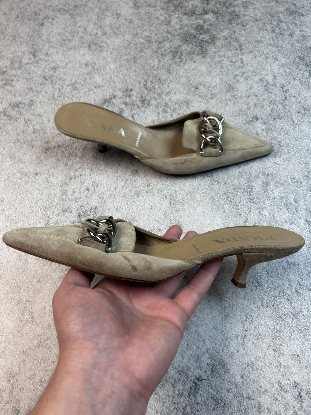 Prada Prada Vintage Tan Suede Chain Link Kitten Mule Heels Size US 7.5 / IT 37.5 - 5 Thumbnail