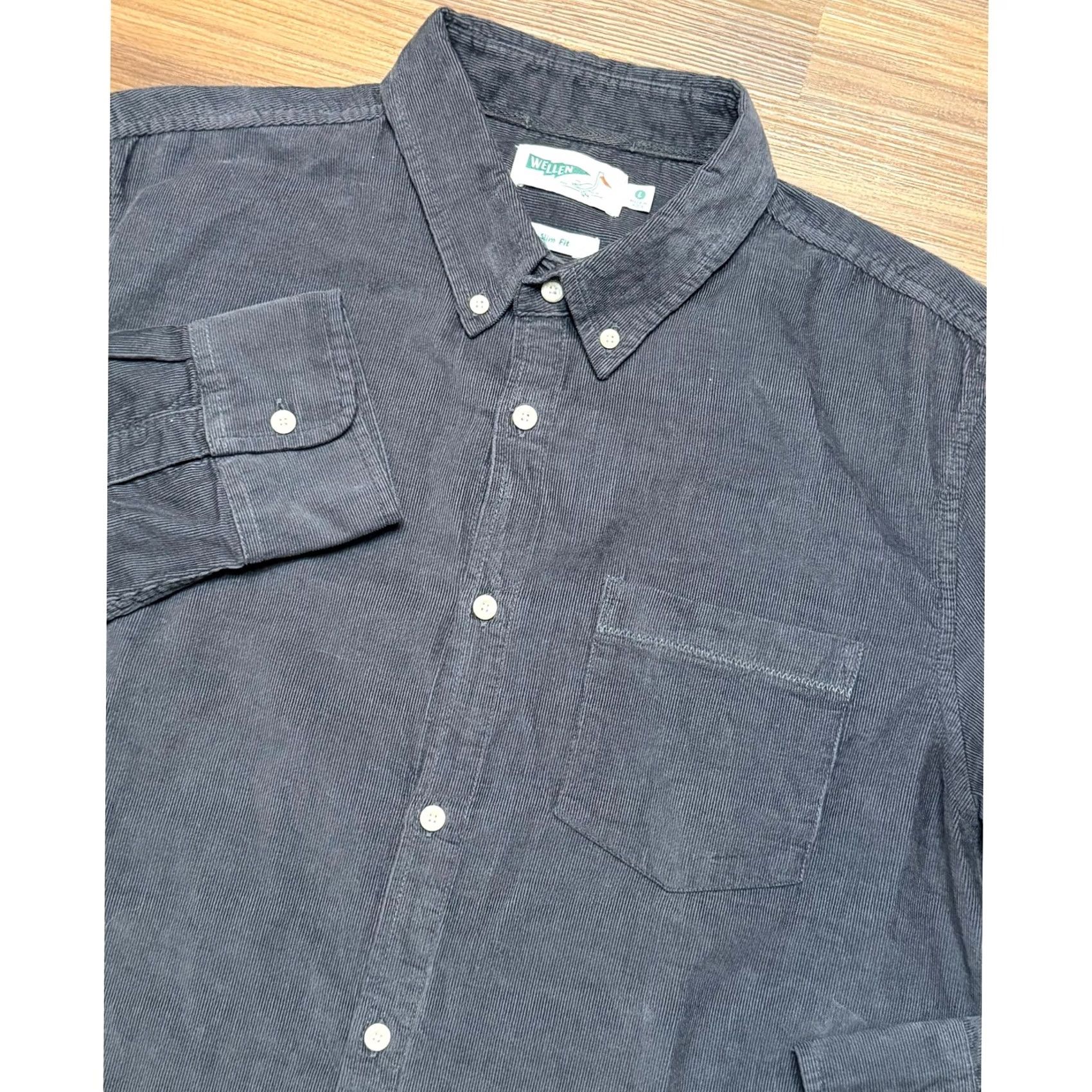 Vintage Wellen Slim Fit Corduroy Button Down Shirt L Charcoal Grey Organic Cotton Size US L / EU 52-54 / 3 - 2 Thumbnail