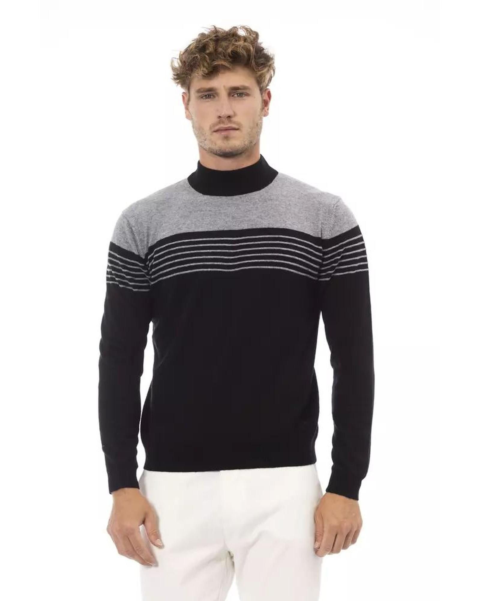 image of Alpha Studio Mock Neck Sweater With Fine Rib Detailing in Black, Men's (Size 2XL)