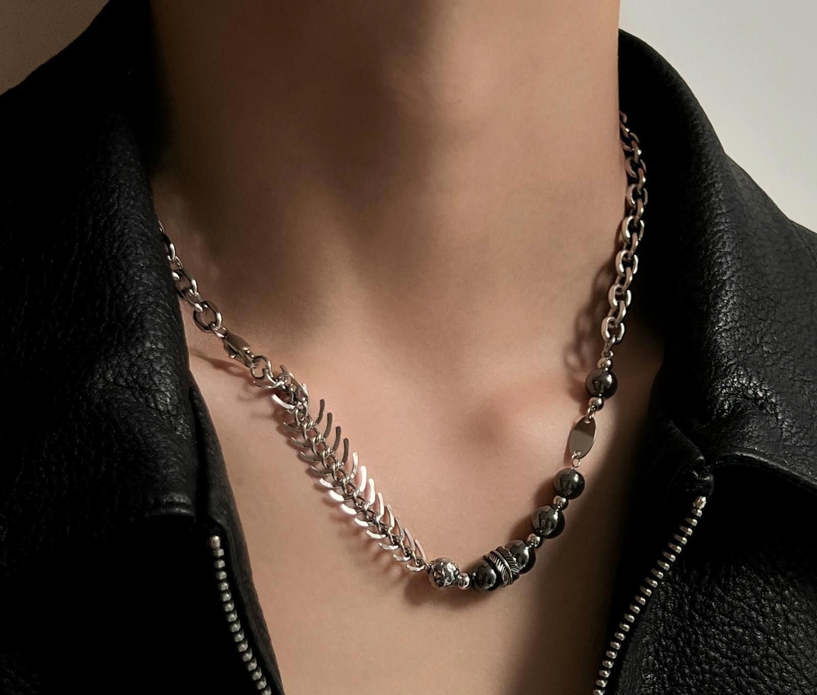 Jewelry Silver Chain Men's Necklace with Beaded and Leaf Design Size ONE SIZE - 2 Thumbnail