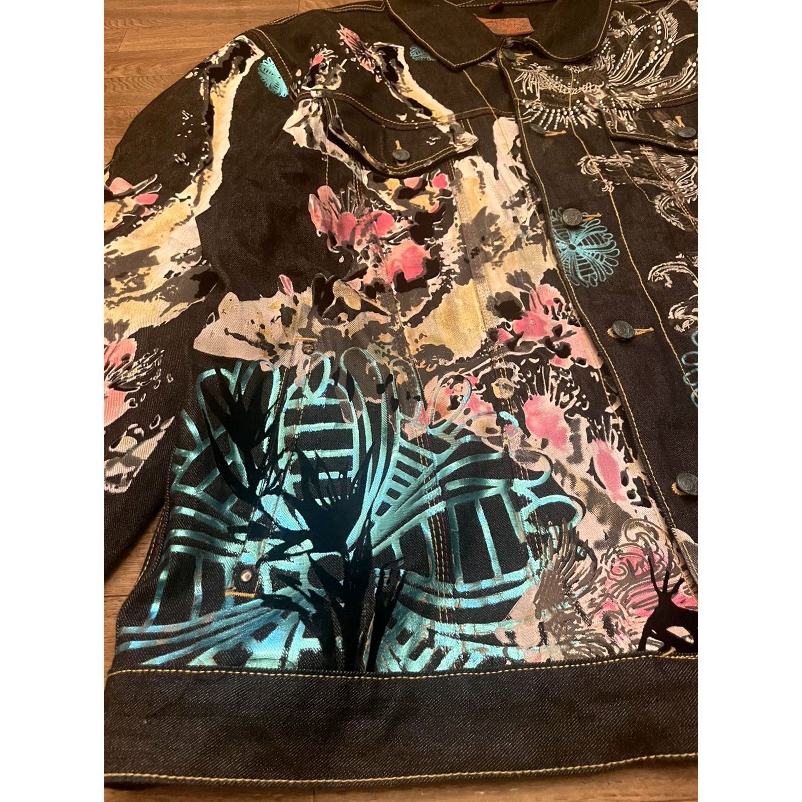Denime VINTAGE Ruthless Art Denim Jacket Mens 4XL Black Art PrintButton Up Long Sleeve Jacket Size US XXL / EU 58 / 5 - 6 Thumbnail